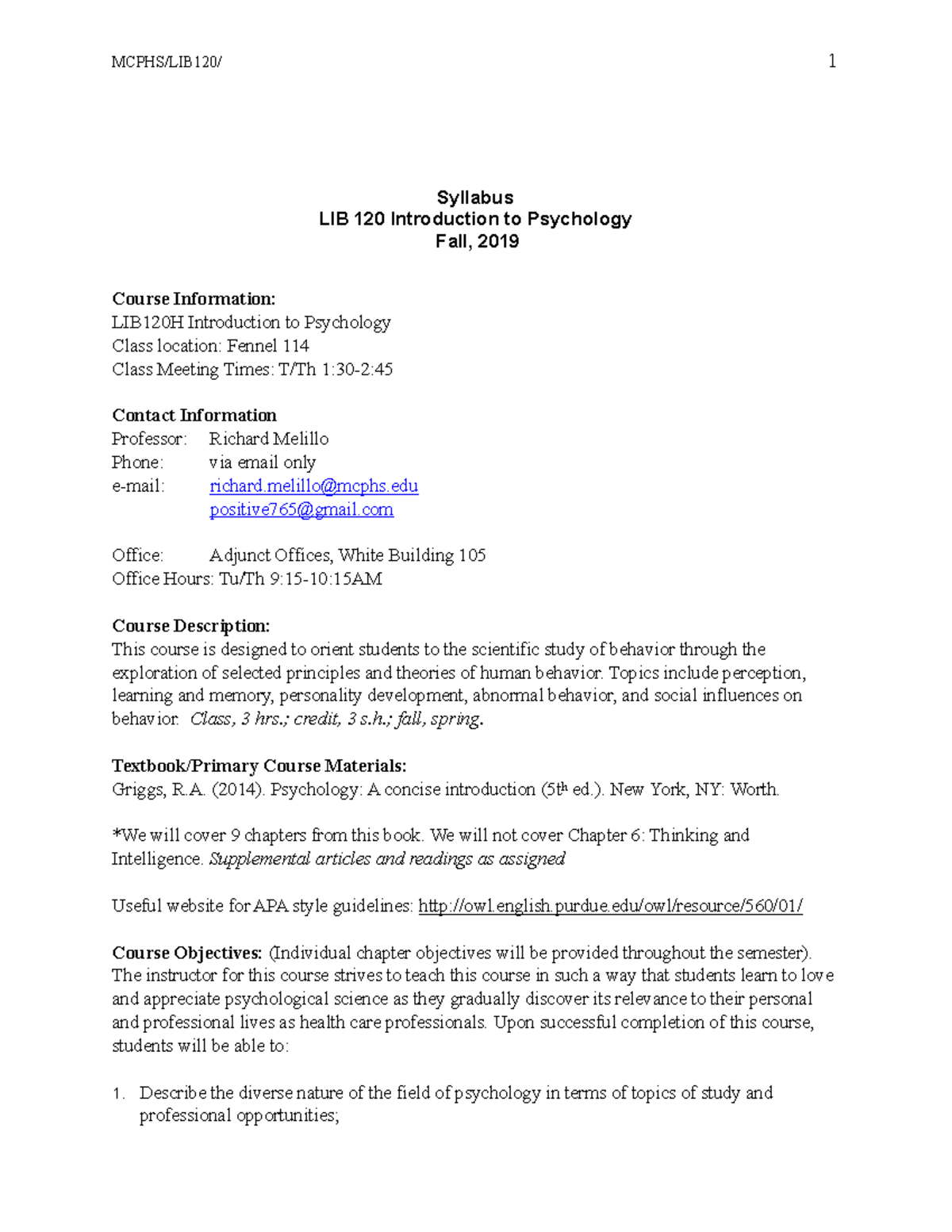 Intro to psych fall 2019 syllabus Syllabus LIB 120 Introduction to