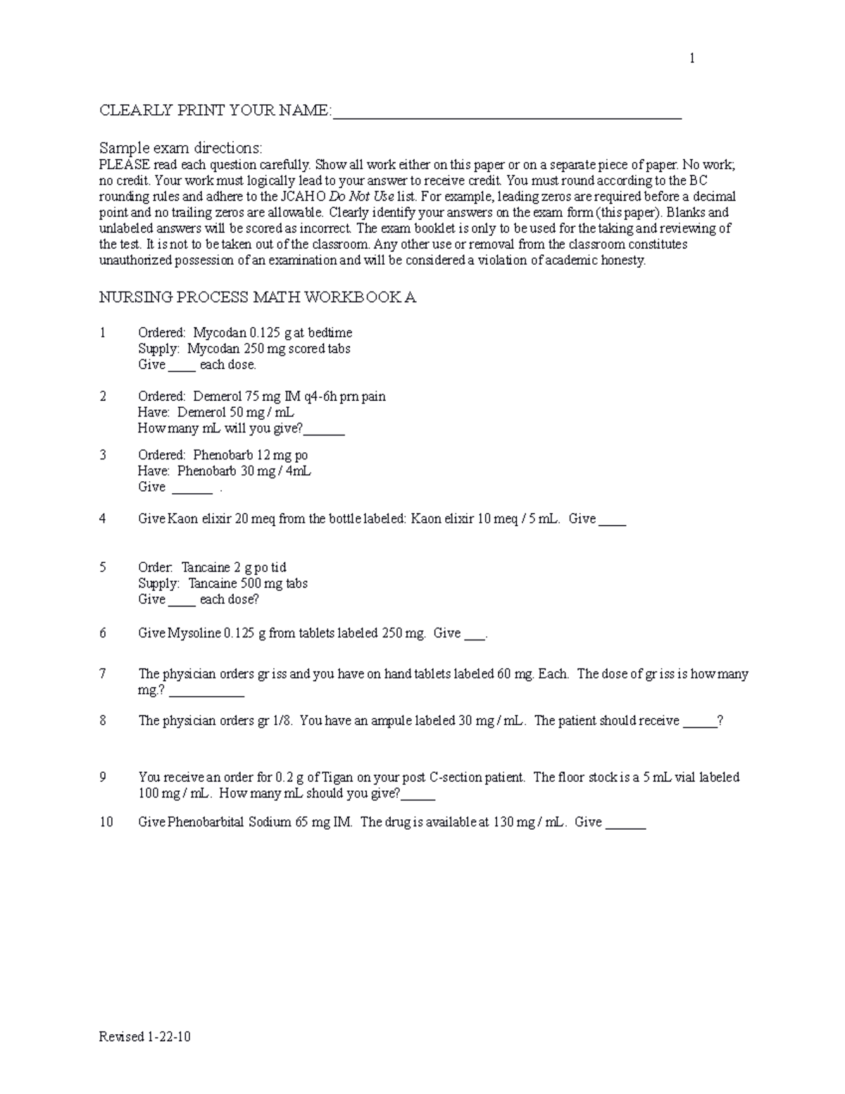 Nursing Process Math Workbook A 1-22-10 - CLEARLY PRINT YOUR - Studocu