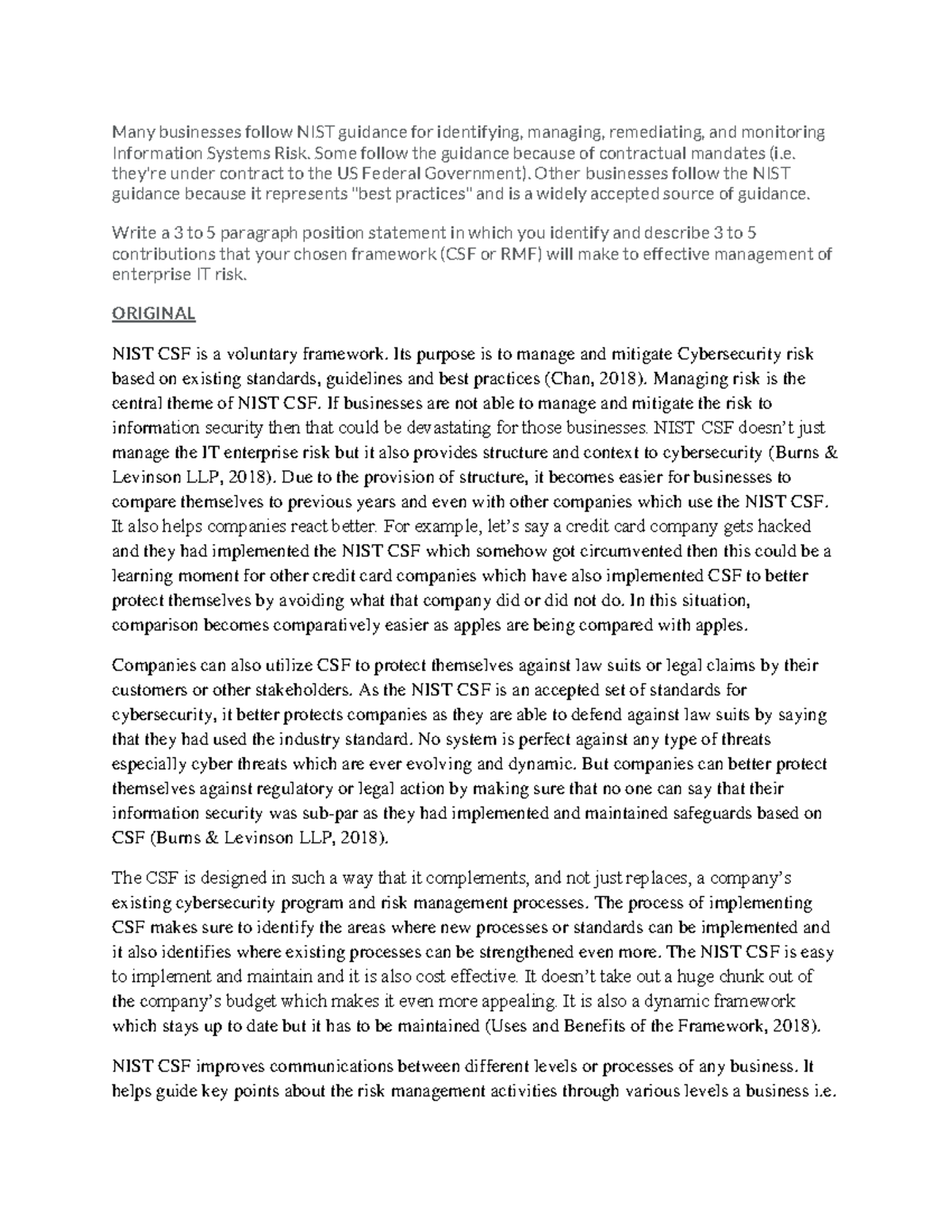 Week 4 Discussion - CSF vs RMF - Many businesses follow NIST guidance ...