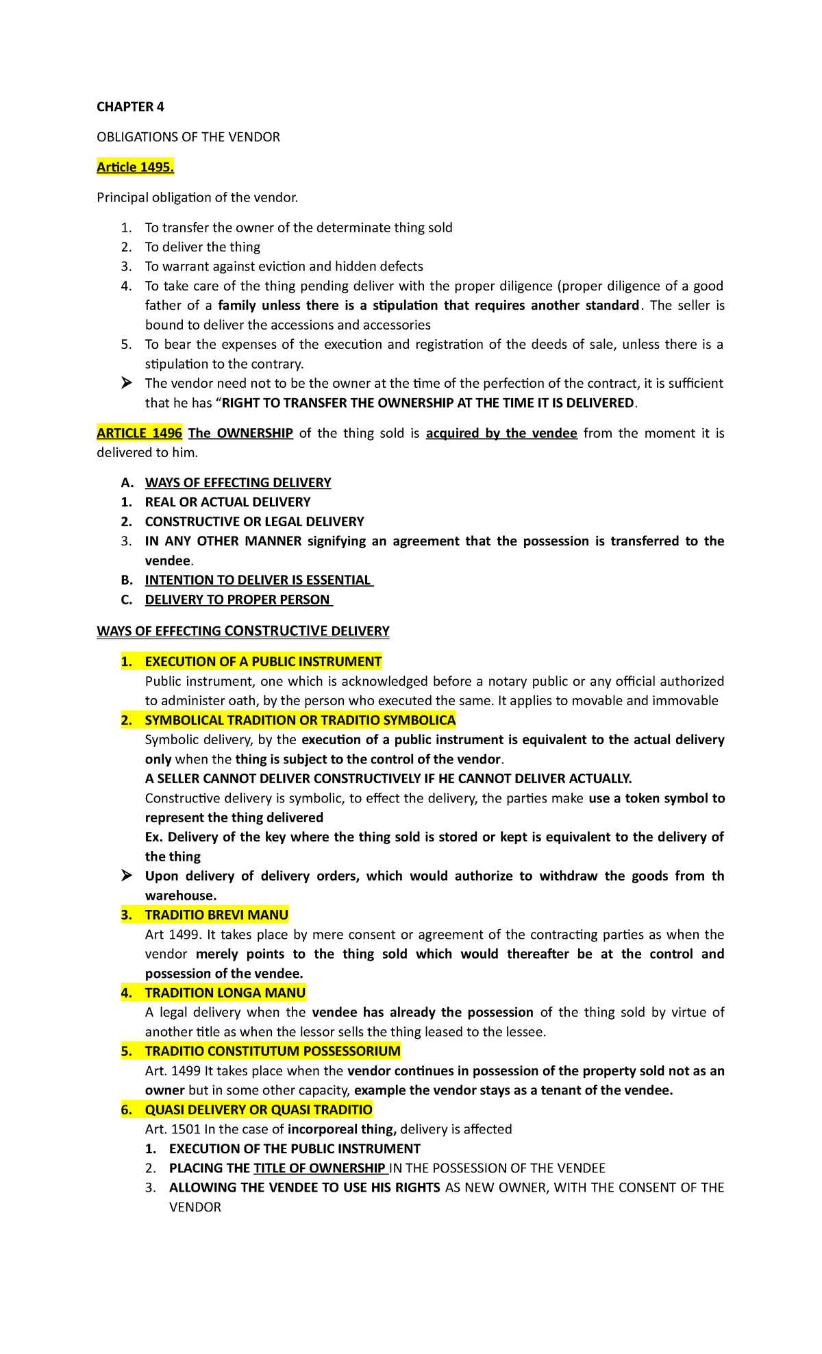Law Law on sales CHAPTER 4 OBLIGATIONS OF THE VENDOR Article 1495