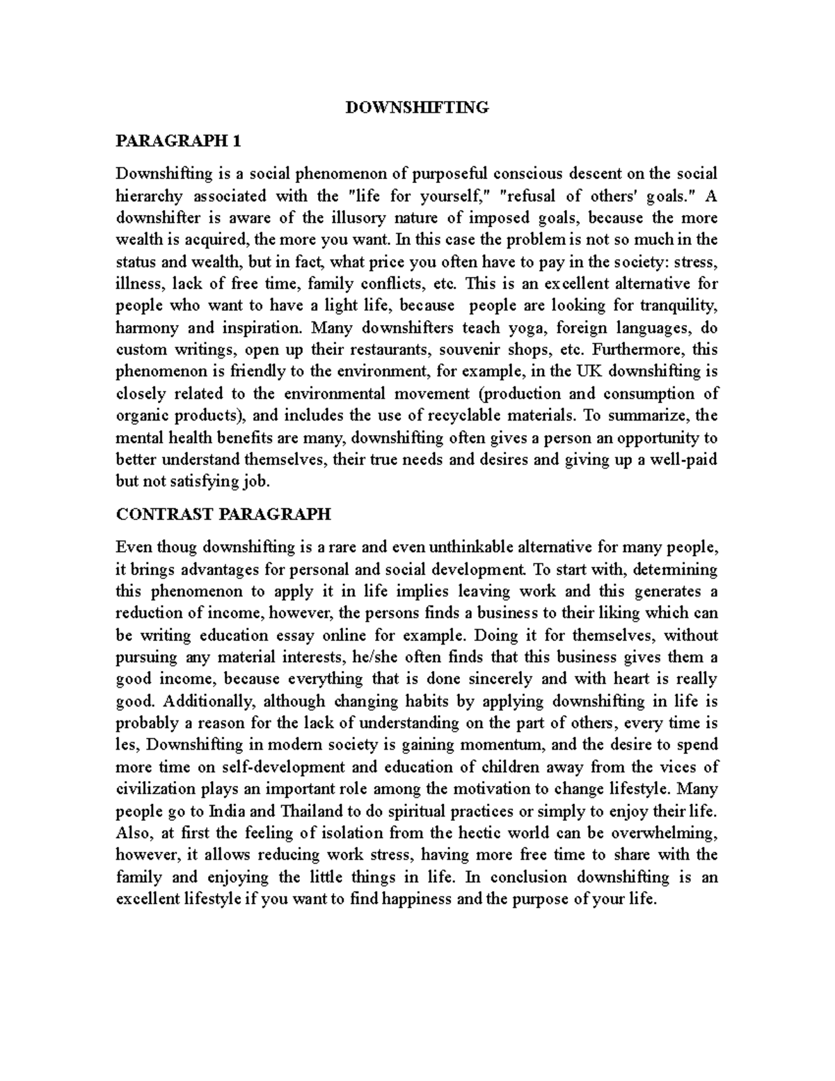 Downshifting - trabajo - DOWNSHIFTING PARAGRAPH 1 Downshifting is a ...