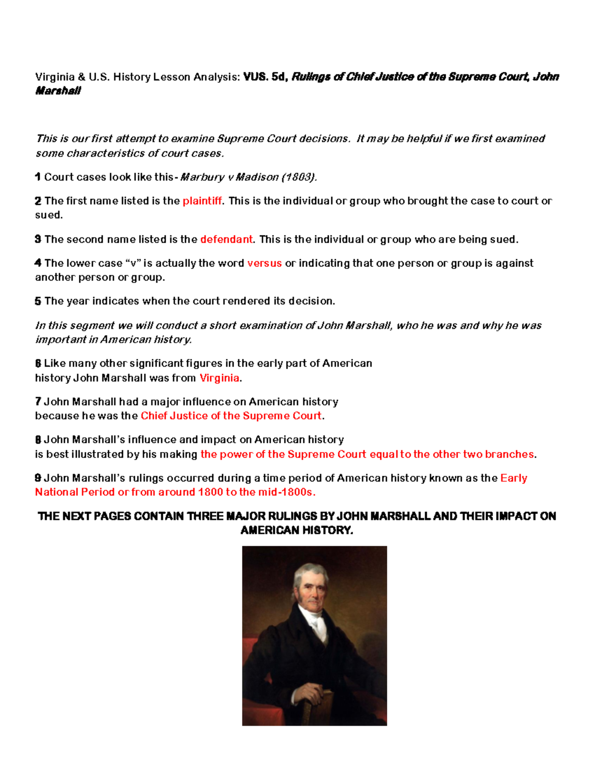 5d John Marshall Notes Virginia & U. History Lesson Analysis VUS. 5d