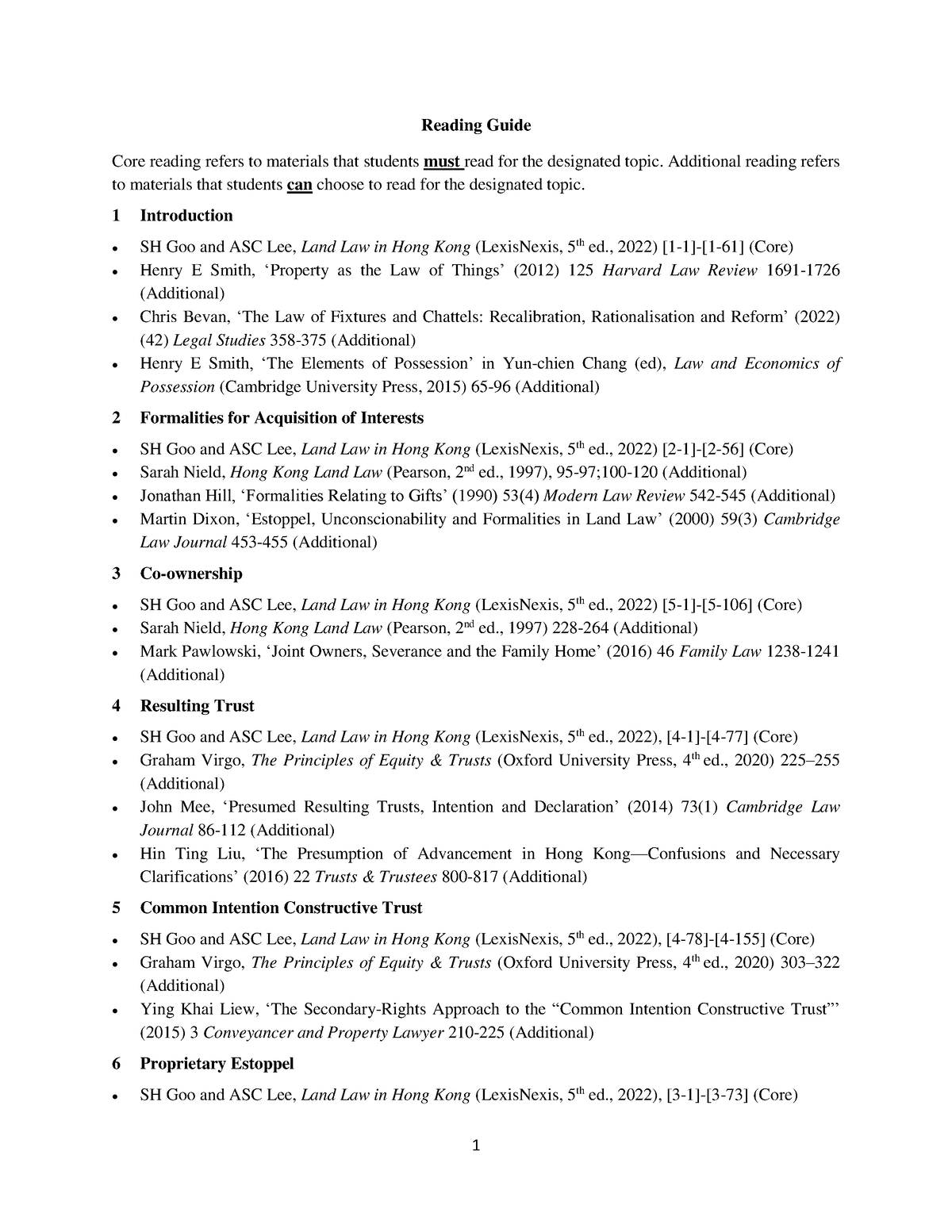 4 - Reading Guide for Land Law I - 1 Reading Guide Core reading refers ...