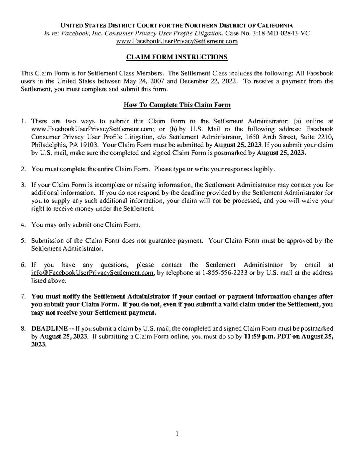 Cambridge Analytica Claim Form Final - UNITED STATES DISTRICT COURT FOR ...