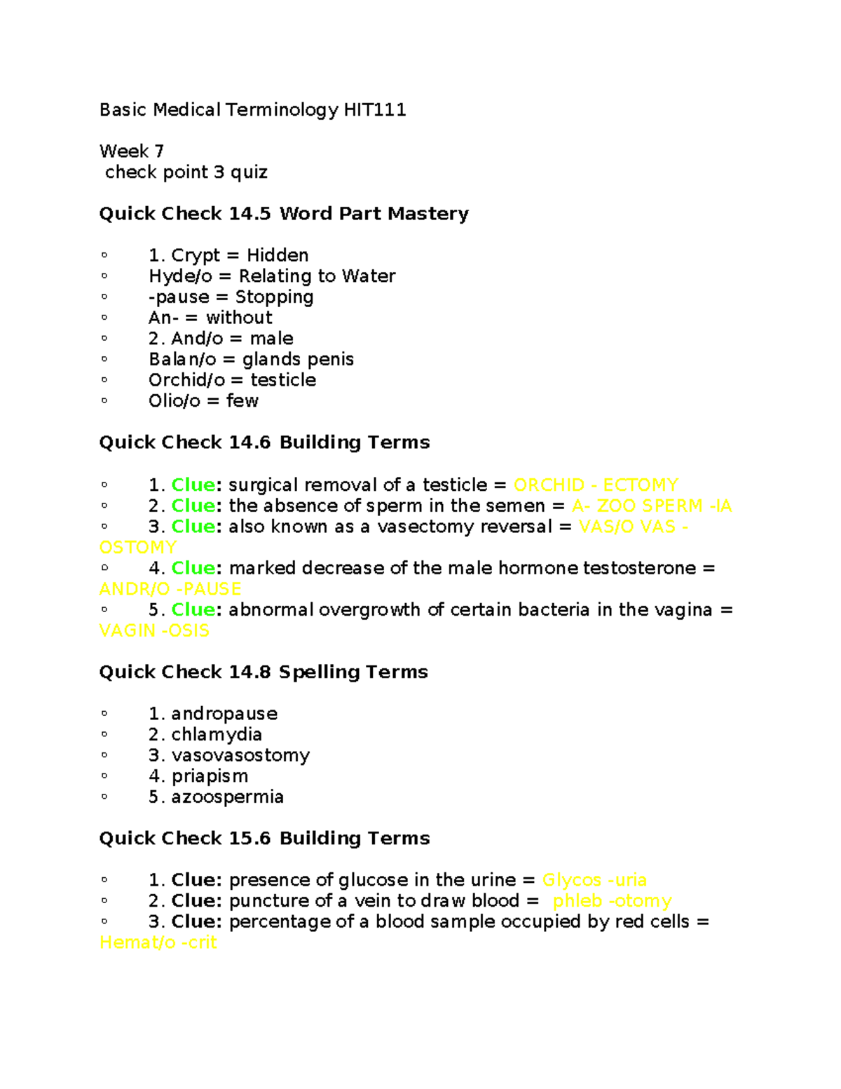 Basic Medical Terminology HIT111 Week 7 check point 3 quiz - Basic ...