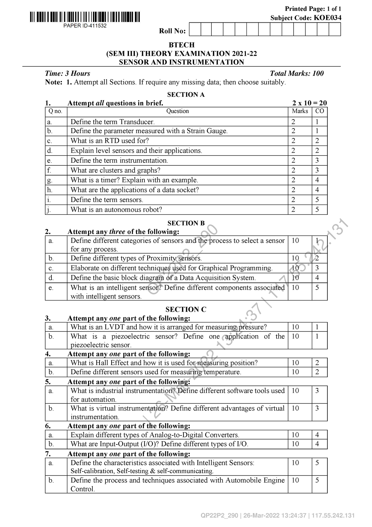 Btech Oe 3 Sem Sensor And Instrumentation Koe034 2022 - QP22P2_ | 26 ...