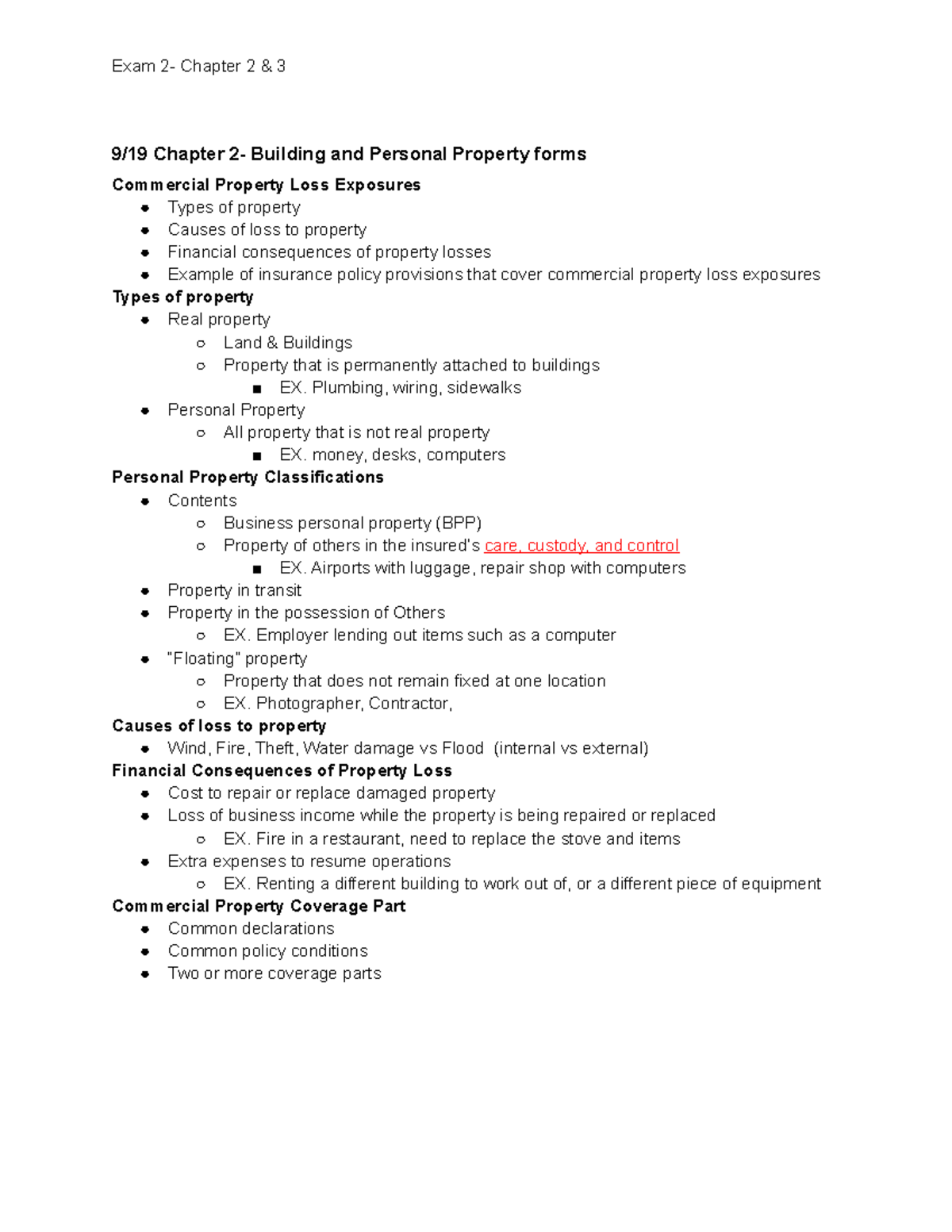 Exam 2 Notes CH 2 & 3 - 9/19 Chapter 2- Building and Personal Property ...