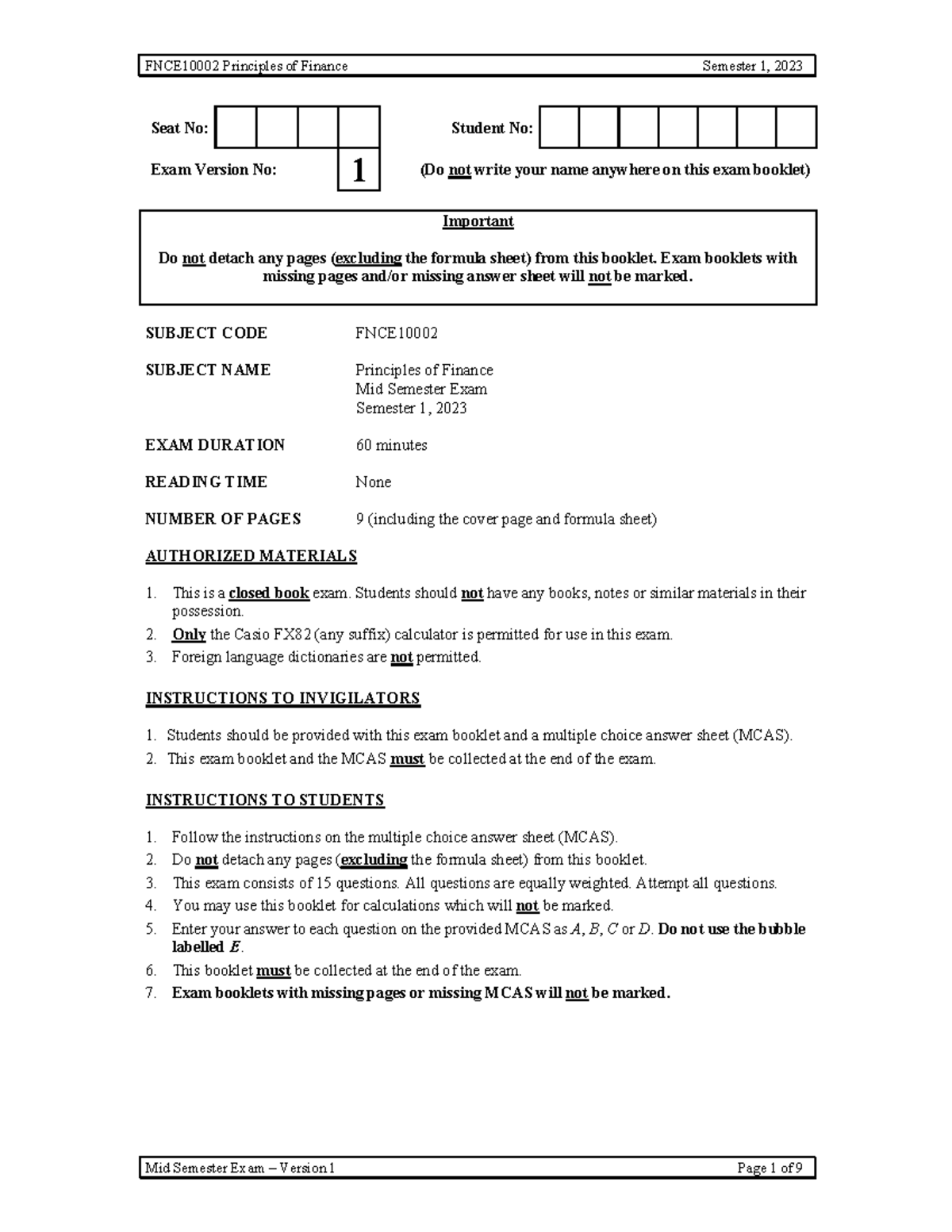 Mid Sem Exam Cover and Formula Sheet Pages - FNCE10002 Principles of ...