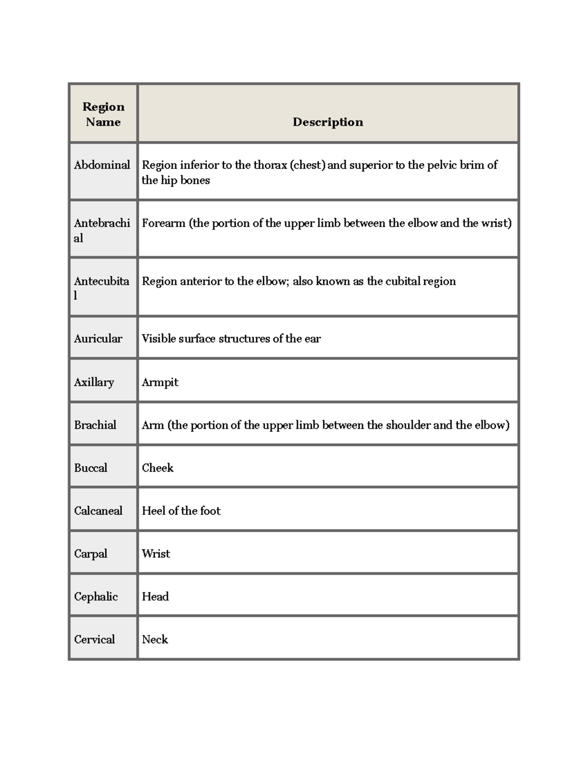 Region Name - Vocabulary chart - RegionName Description Abdominal ...