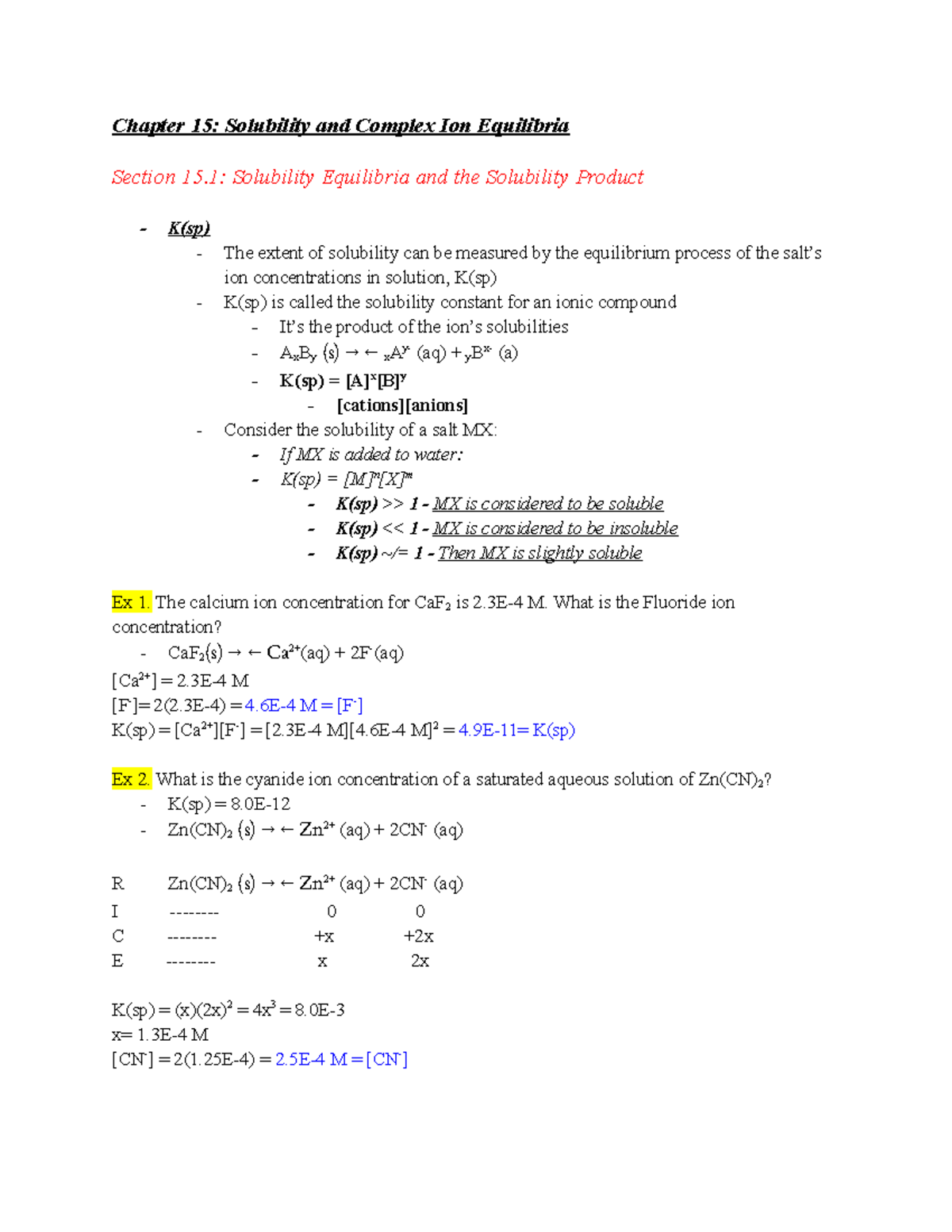 Chemistry 102 Ch 15 Lecture Notes Chapter 15 Solubility And Complex