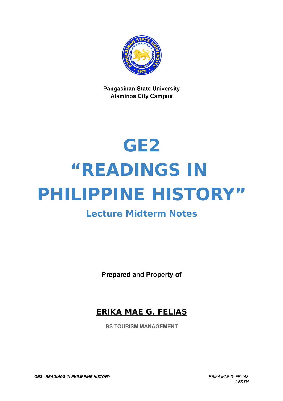 GE2 - Readings In Philippine History Midterm Notes - Pangasinan State ...