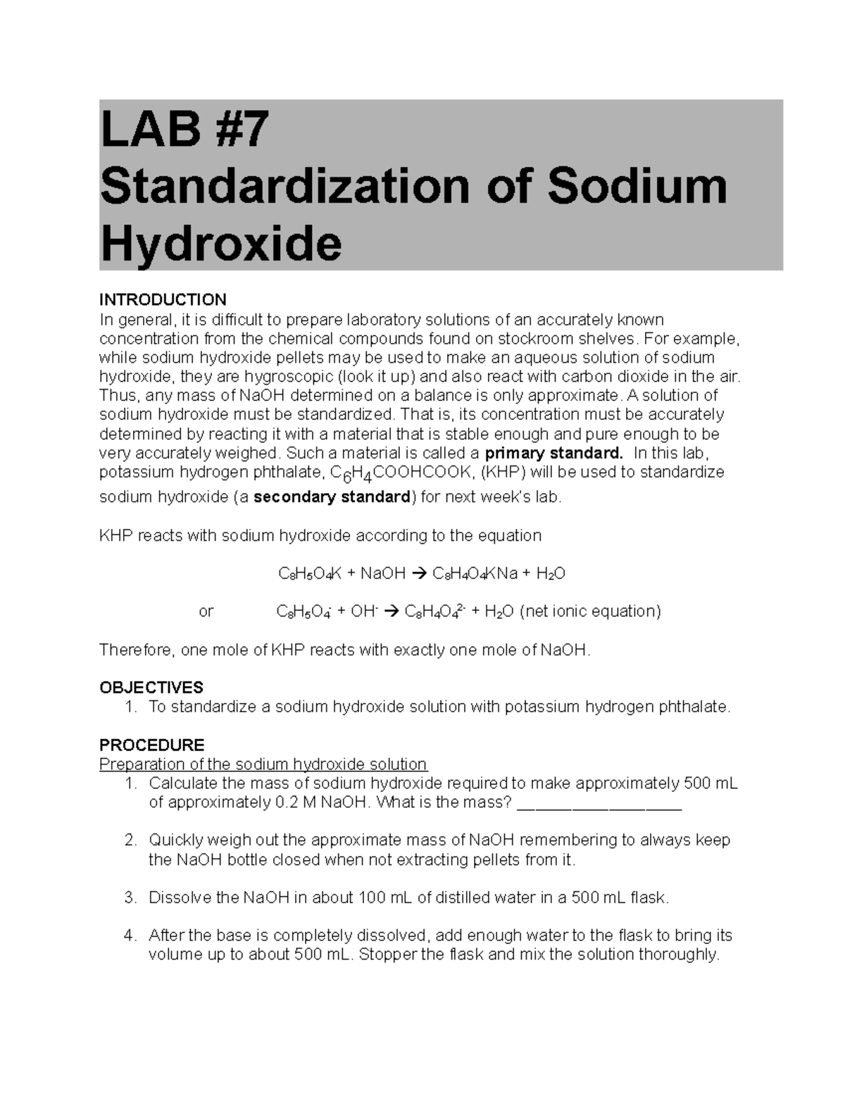 Lab 7 standardization of Na OH solution LAB Standardization of