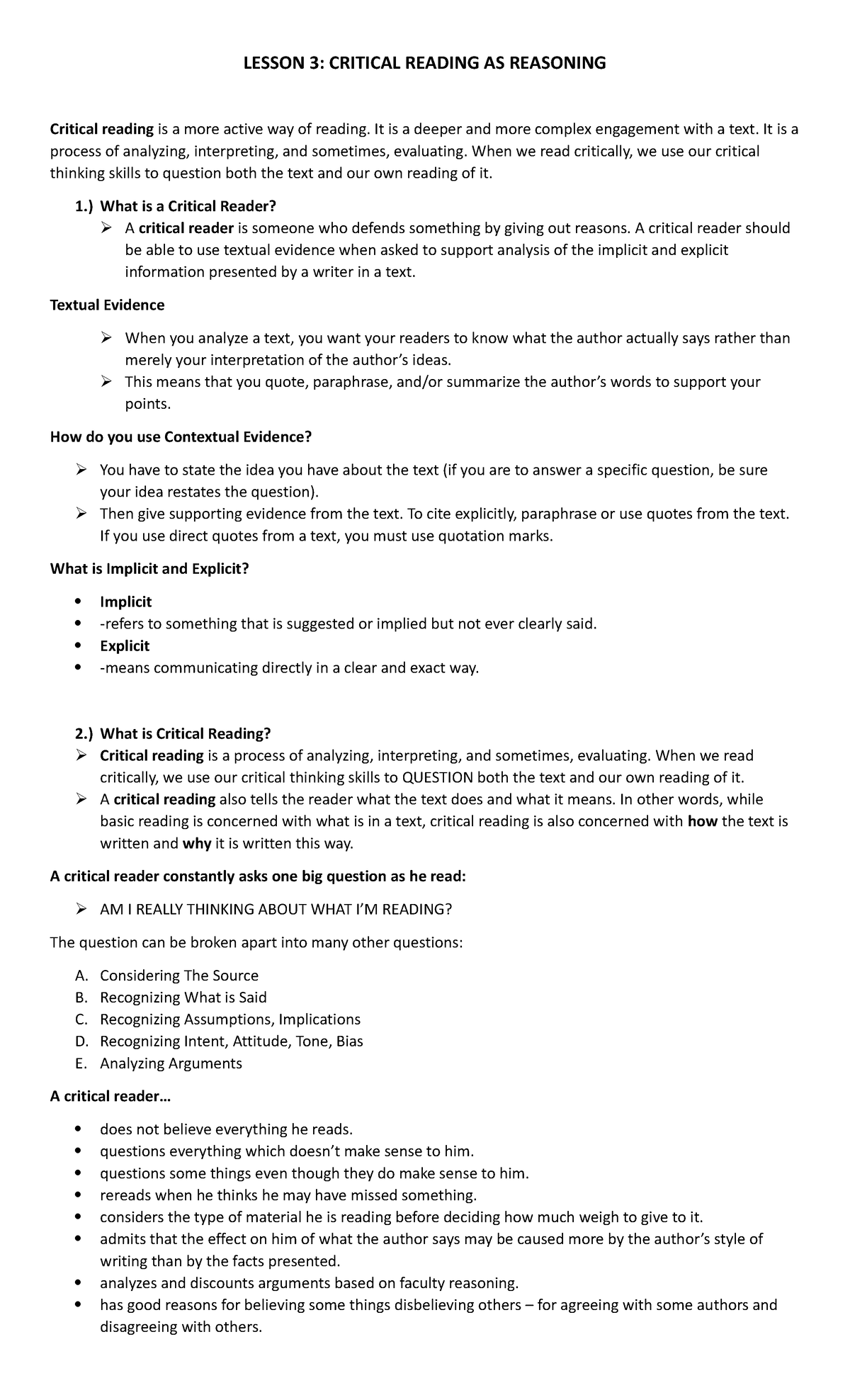 Fact sheet - LESSON 3: CRITICAL READING AS REASONING Critical reading ...