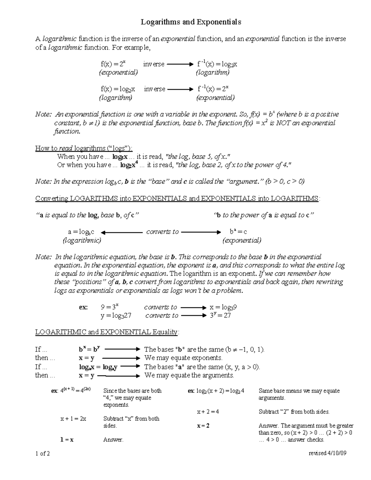 Logarithms exponents Rules of solving Studocu