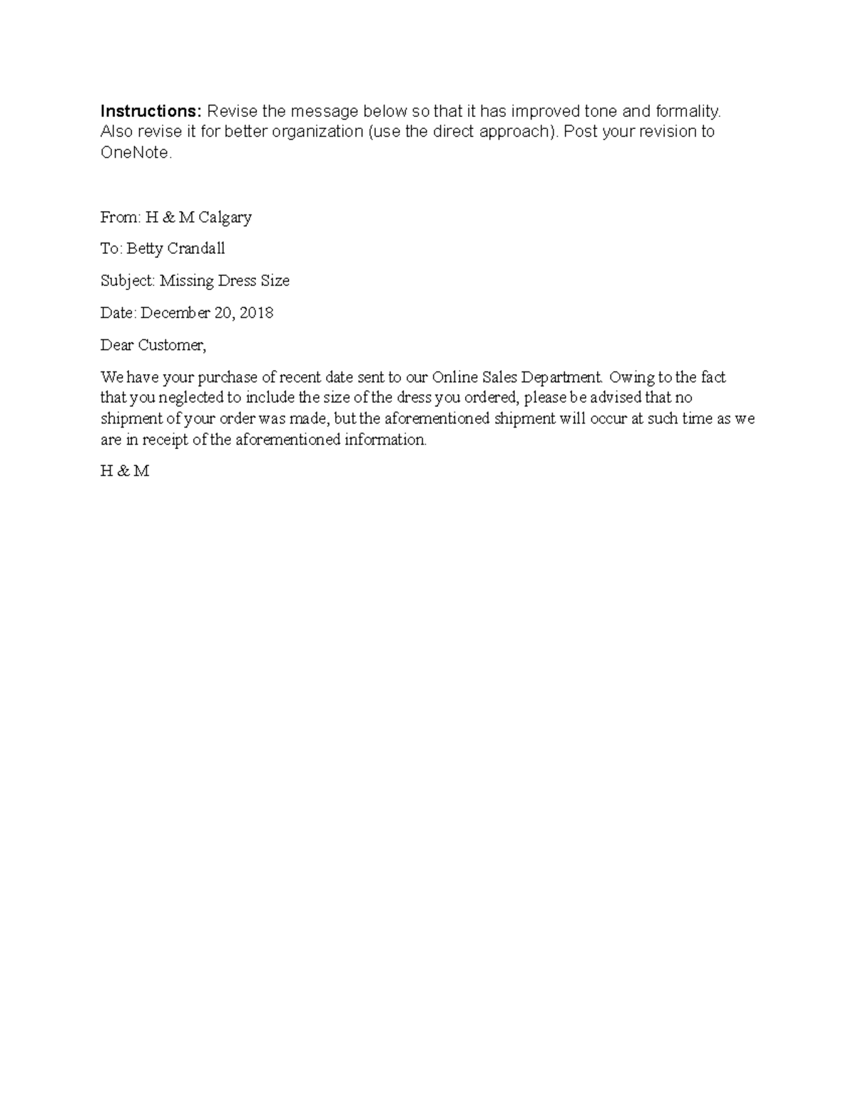 H&MEmail - H&MEmail - Instructions: Revise the message below so that it ...