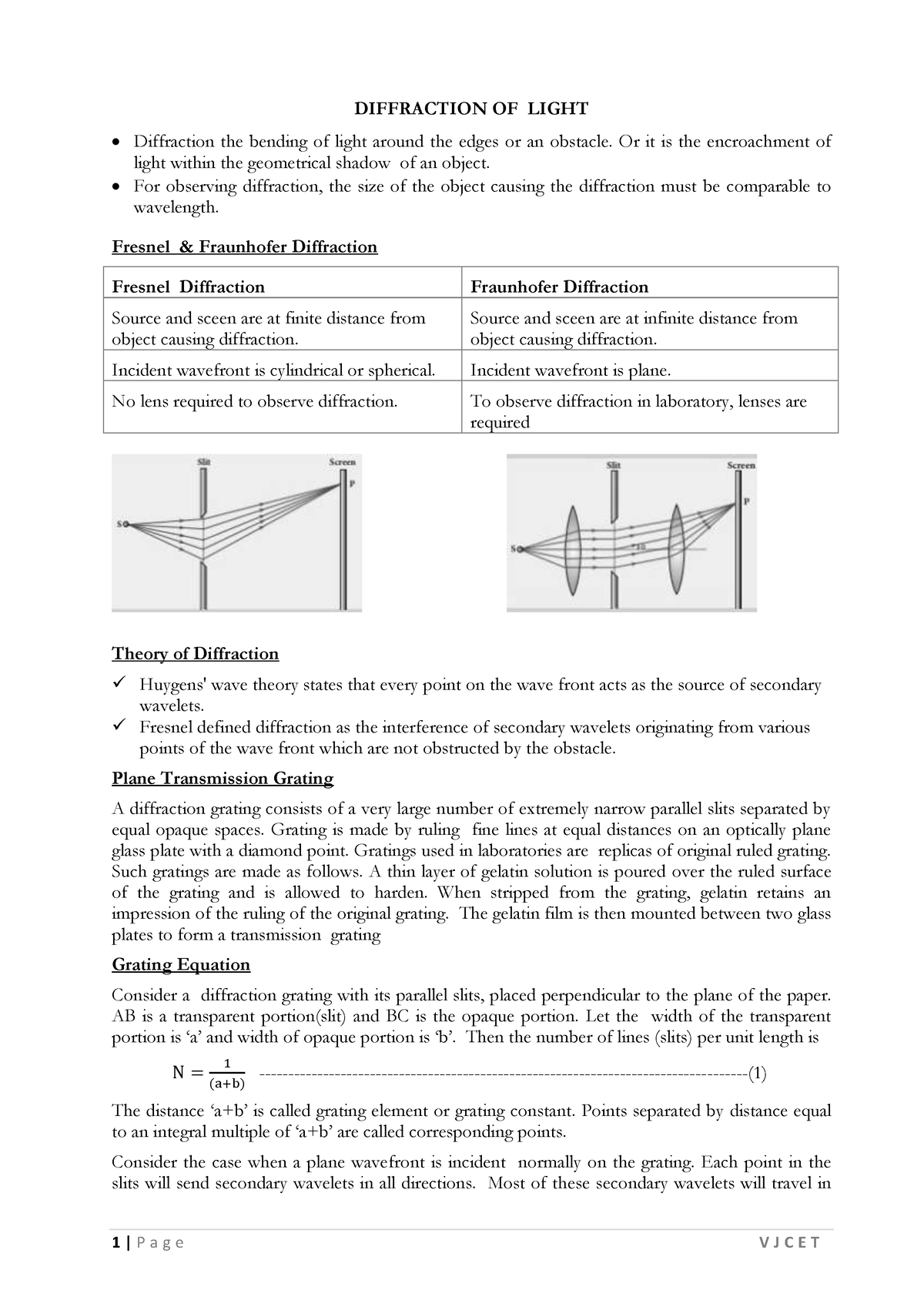 Notes Diffraction 2022ver1 - 1 | P A G E V J C E T DIFFRACTION OF LIGHT ...