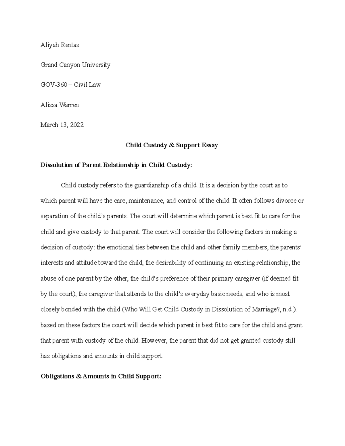 GOV360 Child Custody and Support Essay - Aliyah Rentas Grand Canyon ...
