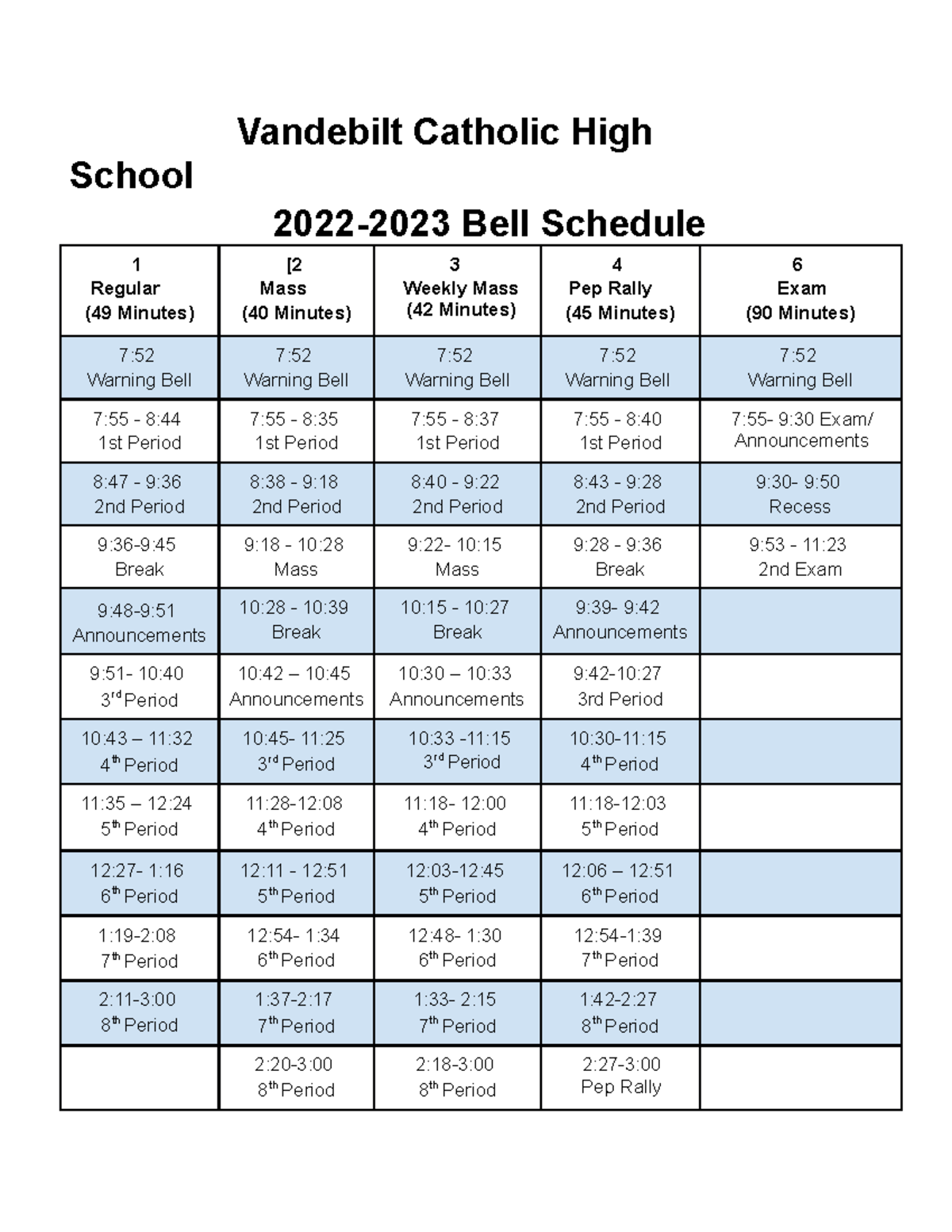 Bell Schedule 2022-2023 - Vandebilt Catholic High School 20 22-2023 ...