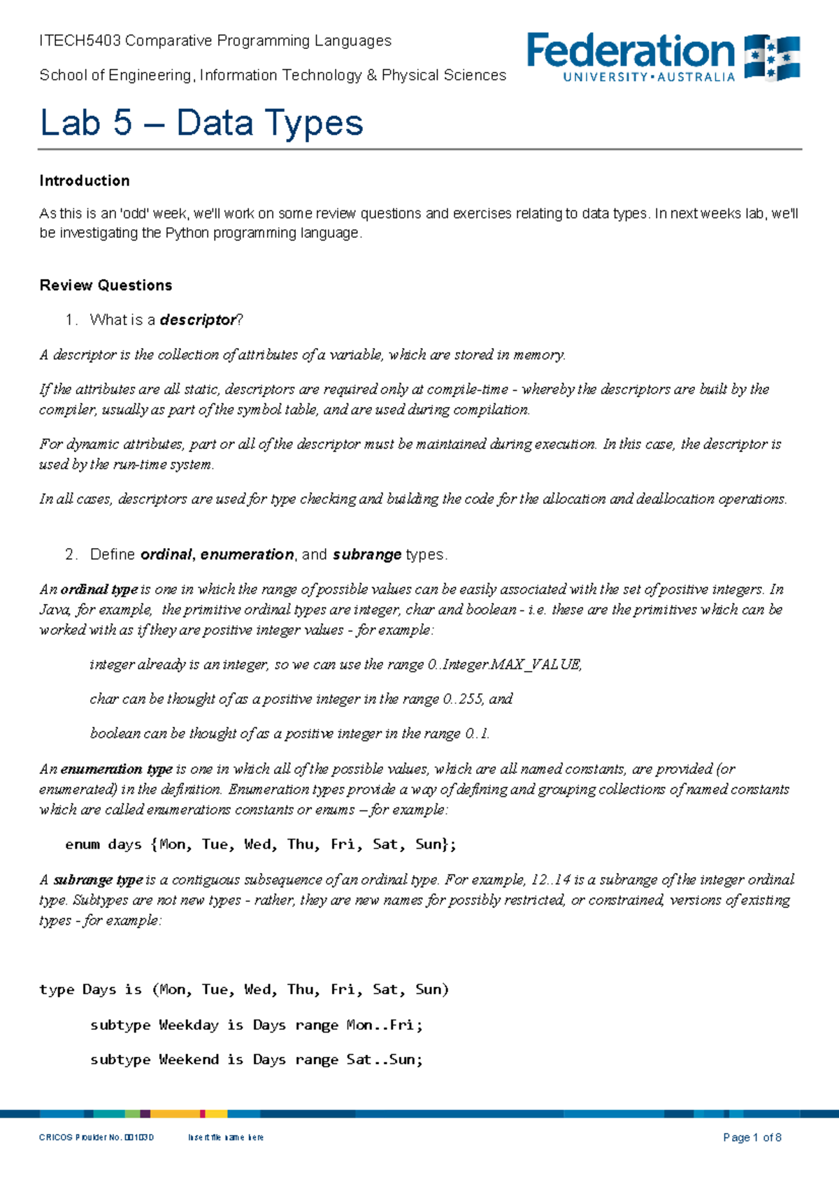 Lab 05 - Data Types [Answers] - ITECH5403 Comparative Programming ...