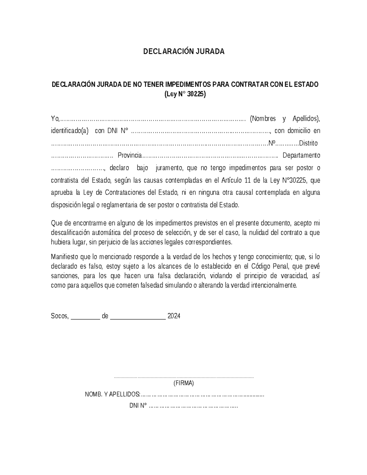 3. Declaracion Jurada de No Estar Impedifo para Contratar Con el Estado ...