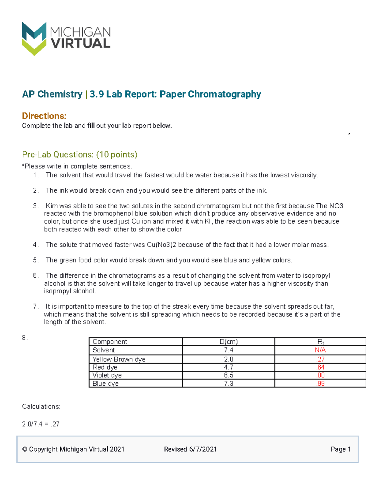 89== Assigment AP Chemistry 3 Lab Report Paper Chromatography