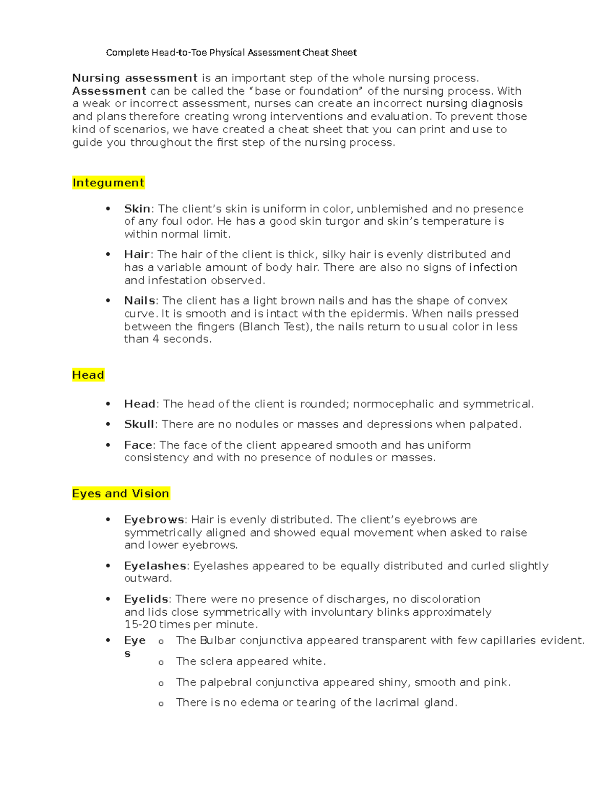 Health Assessment- HEAD TO TOE - Complete Head-to-Toe Physical ...