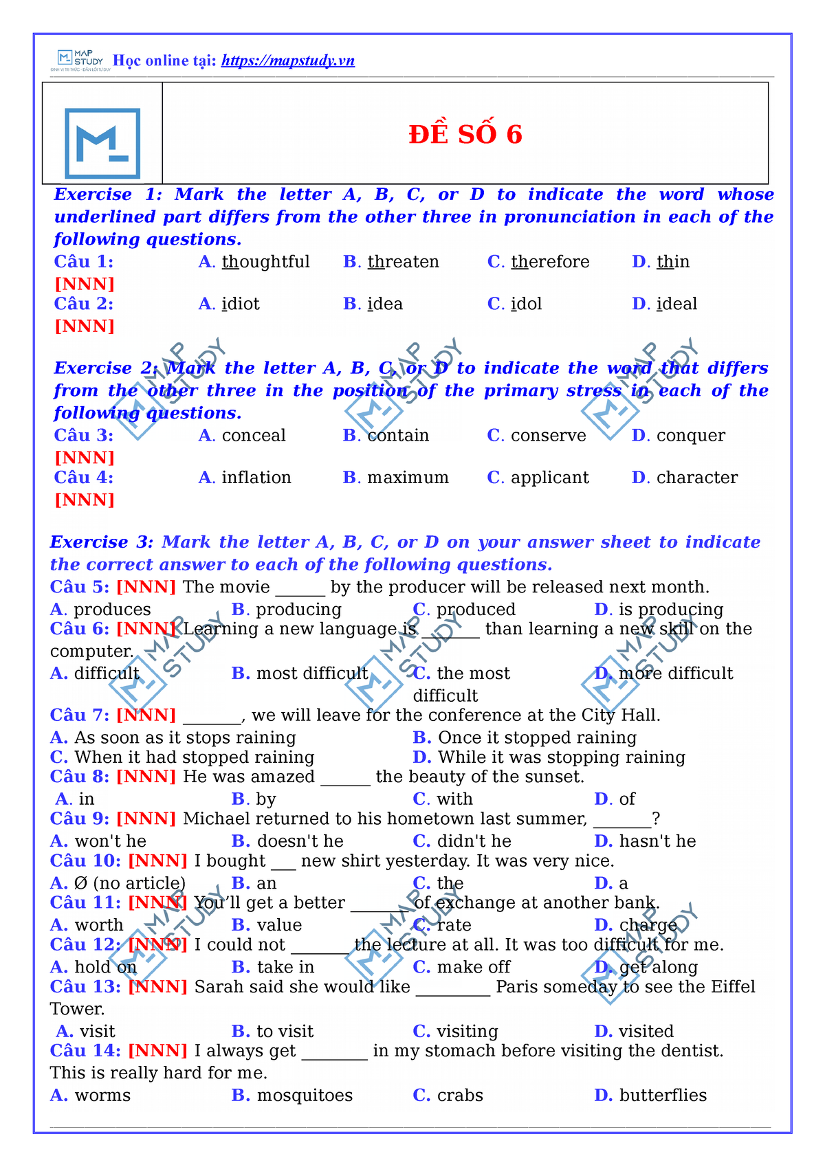 ĐỀ SỐ 6 - ĐỀ SỐ 6 Exercise 1: Mark The Letter A, B, C, Or D To Indicate ...