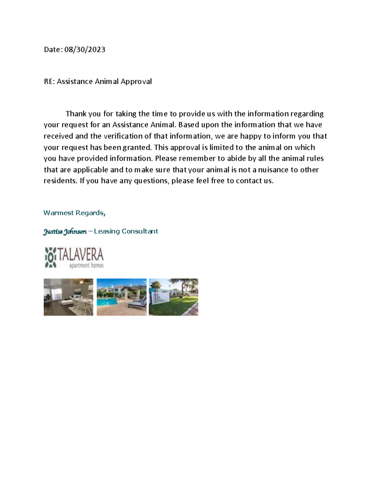 2104 approval - busy work - Date: 08/30/ RE: Assistance Animal Approval ...