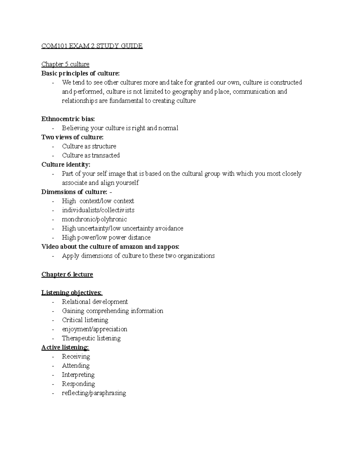 COM101 EXAM 2 Study Guide - COM101 EXAM 2 STUDY GUIDE Chapter 5 culture ...