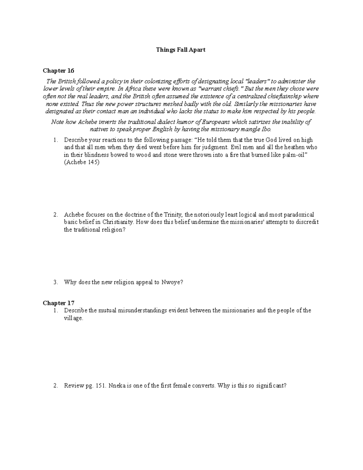 TFA-+chapters+16+and+17 - Things Fall Apart Chapter 16 The British ...