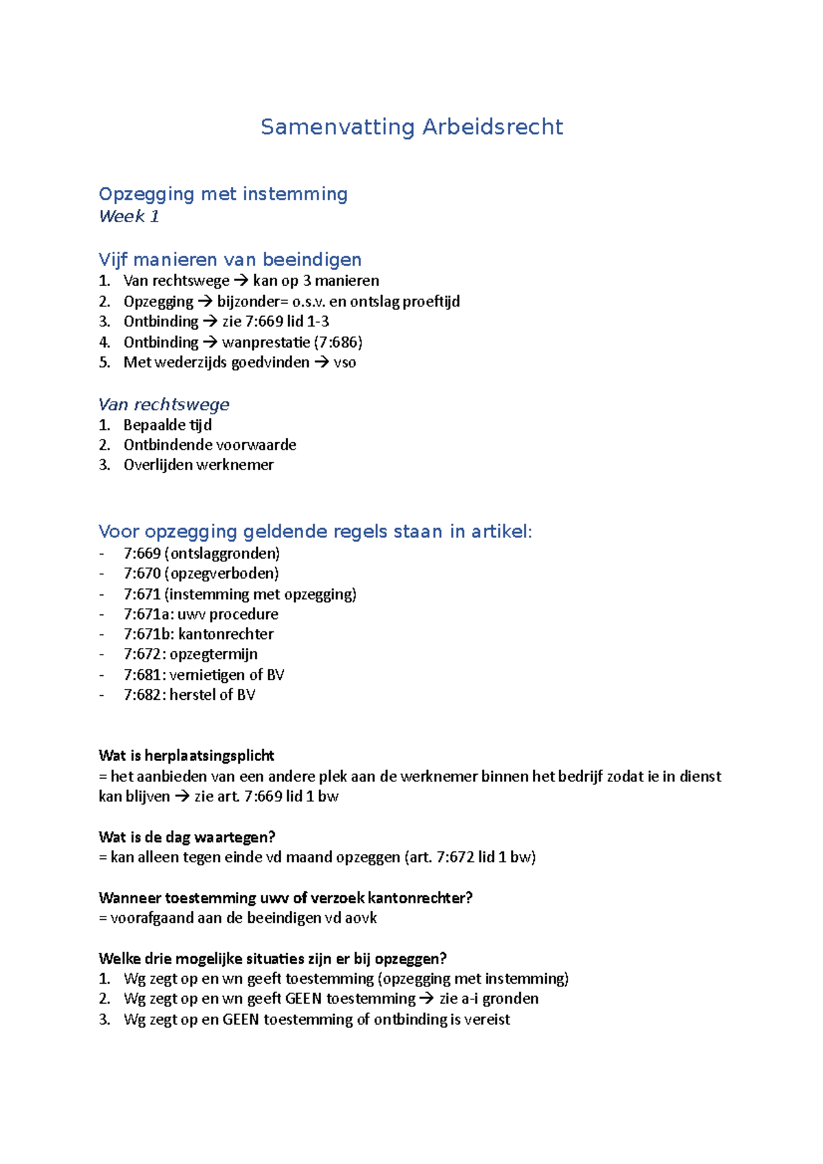 K7 Samenvatting Ar Week 1 - Samenvatting Arbeidsrecht Opzegging Met ...