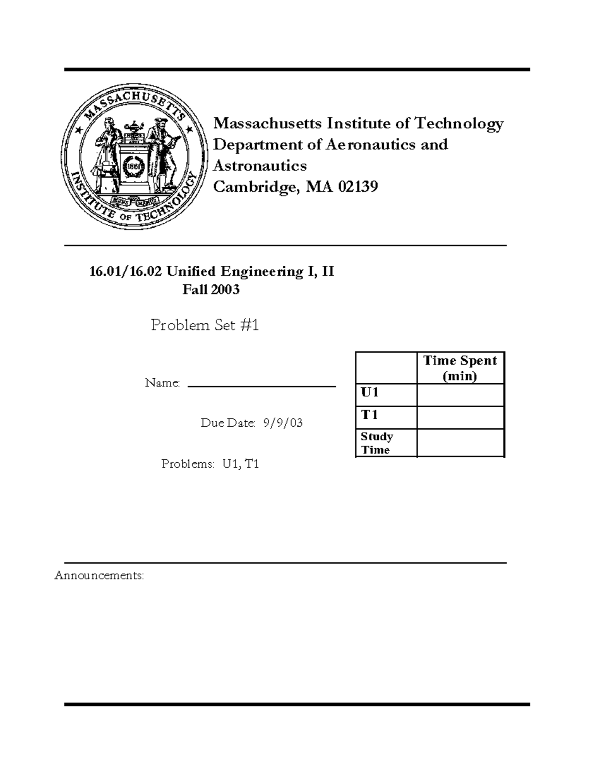 Seminar assignments - Fall 2003 problem set 1 with solutions ...