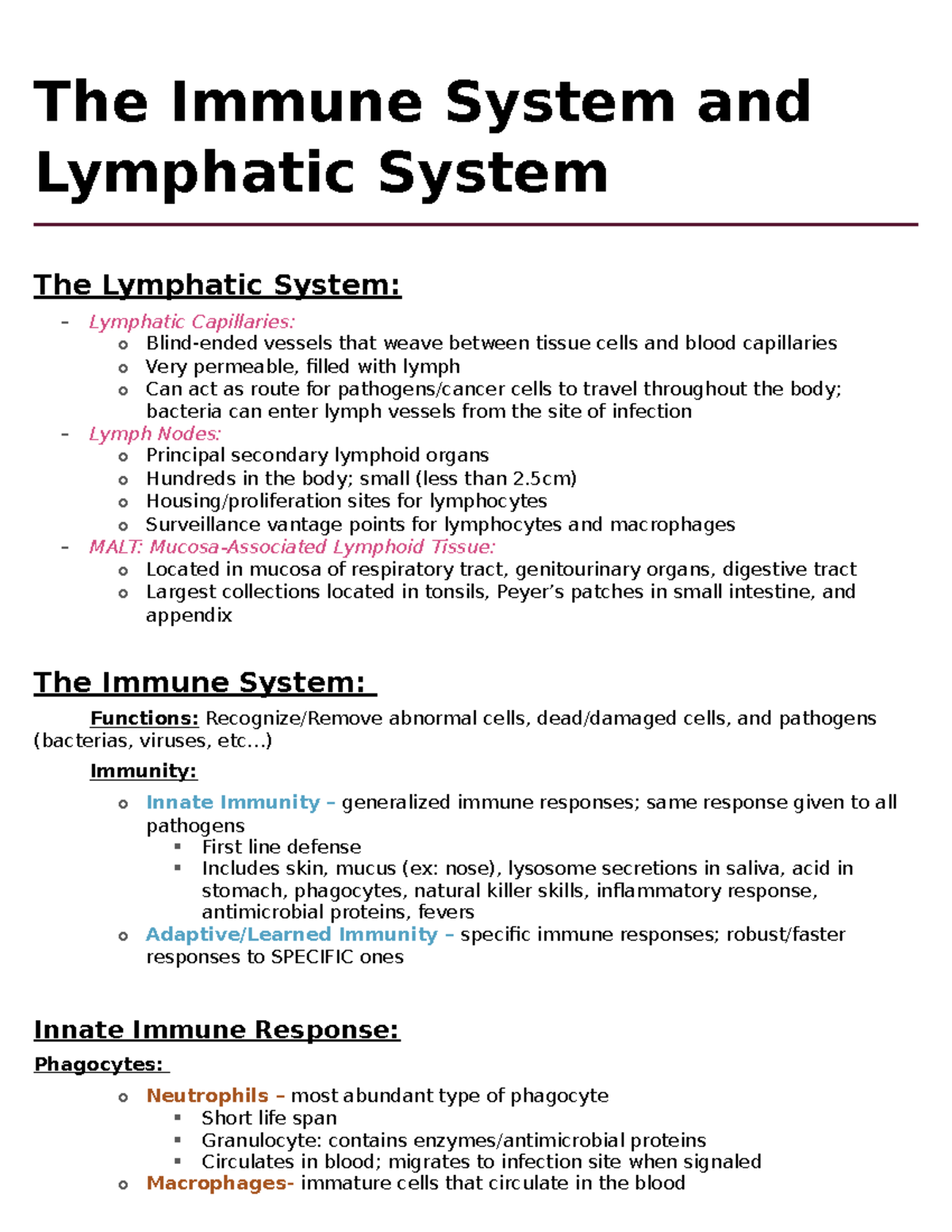 Immune System - ..) Immunity: o Innate Immunity – generalized immune ...