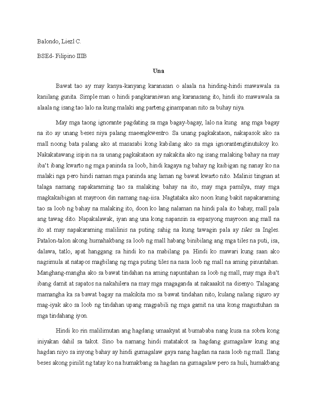 UNA ( Kathambuhay) - essay about first times - Balondo, Liezl C. BSEd ...