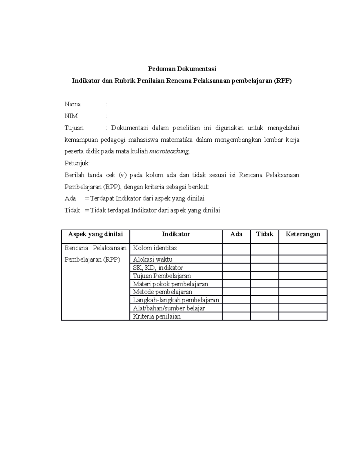 Pedoman Dokumentas Indikator dan Rubrik Penilaian Rencana Pelaksanaan ...