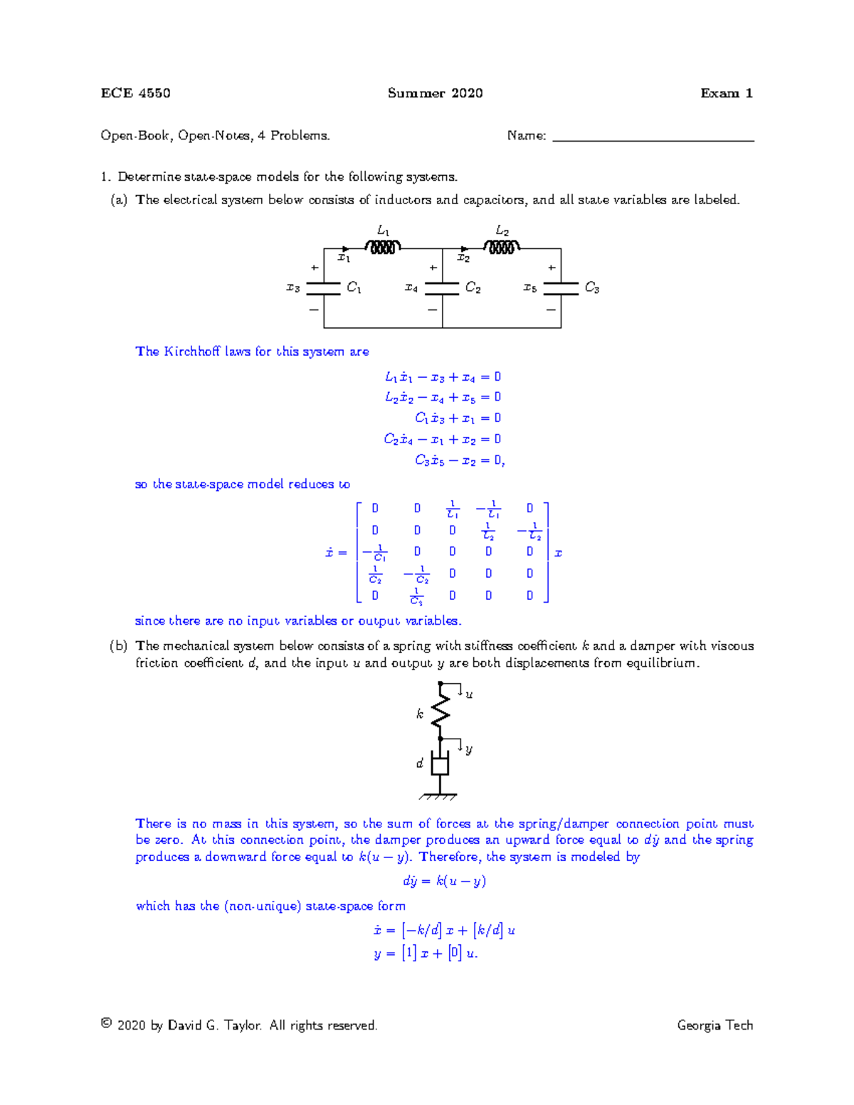 Exam1 Summer 20 solution - ECE 4550 Summer 2020 Exam 1 Open-Book, Open ...