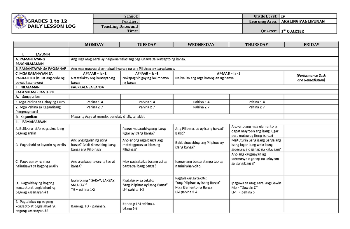 DLL Araling Panlipunan 4 Q1 W1 - GRADES 1 to 12 DAILY LESSON LOG School ...