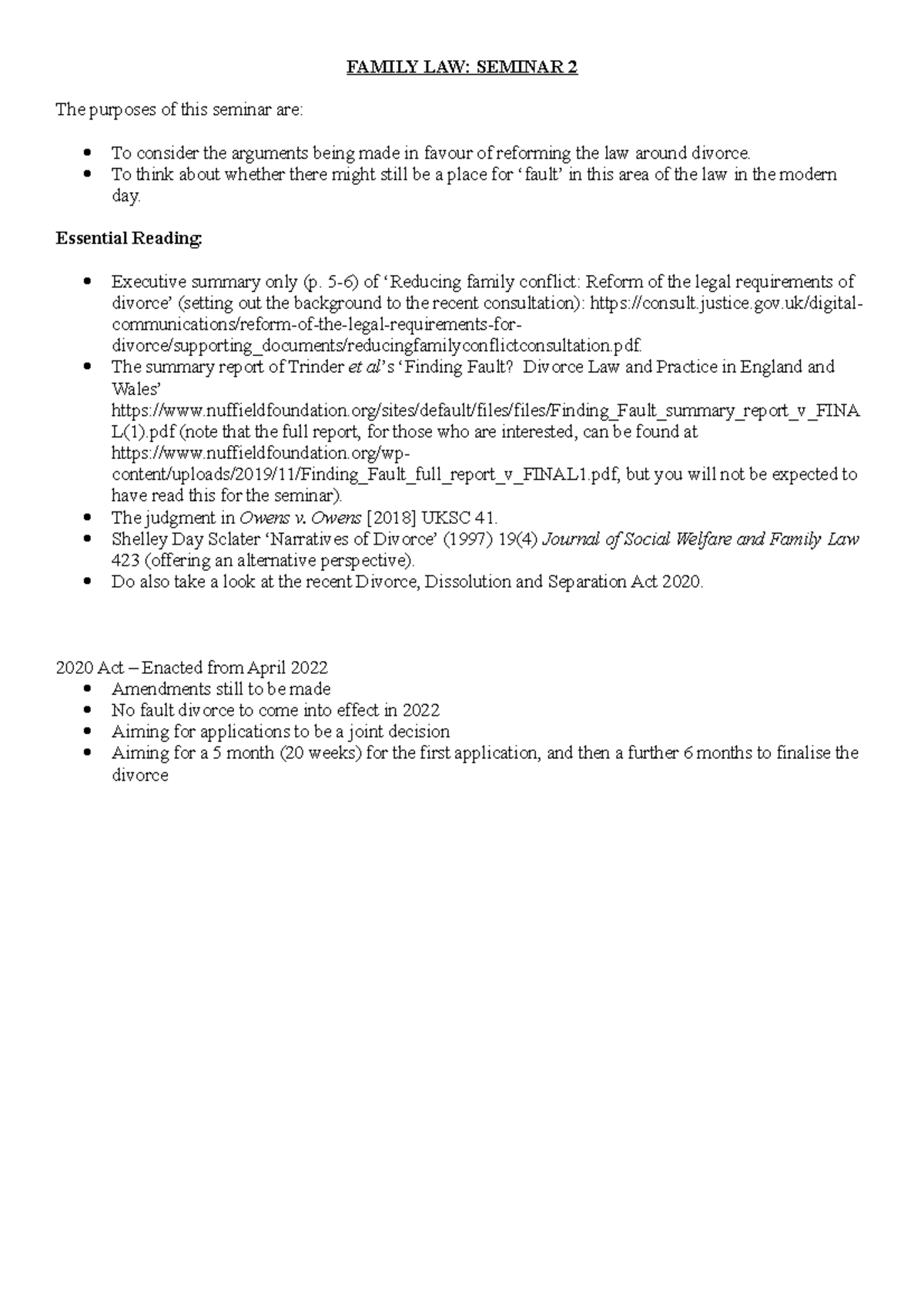 family law Seminar notes - FAMILY LAW: SEMINAR 2 The purposes of this ...