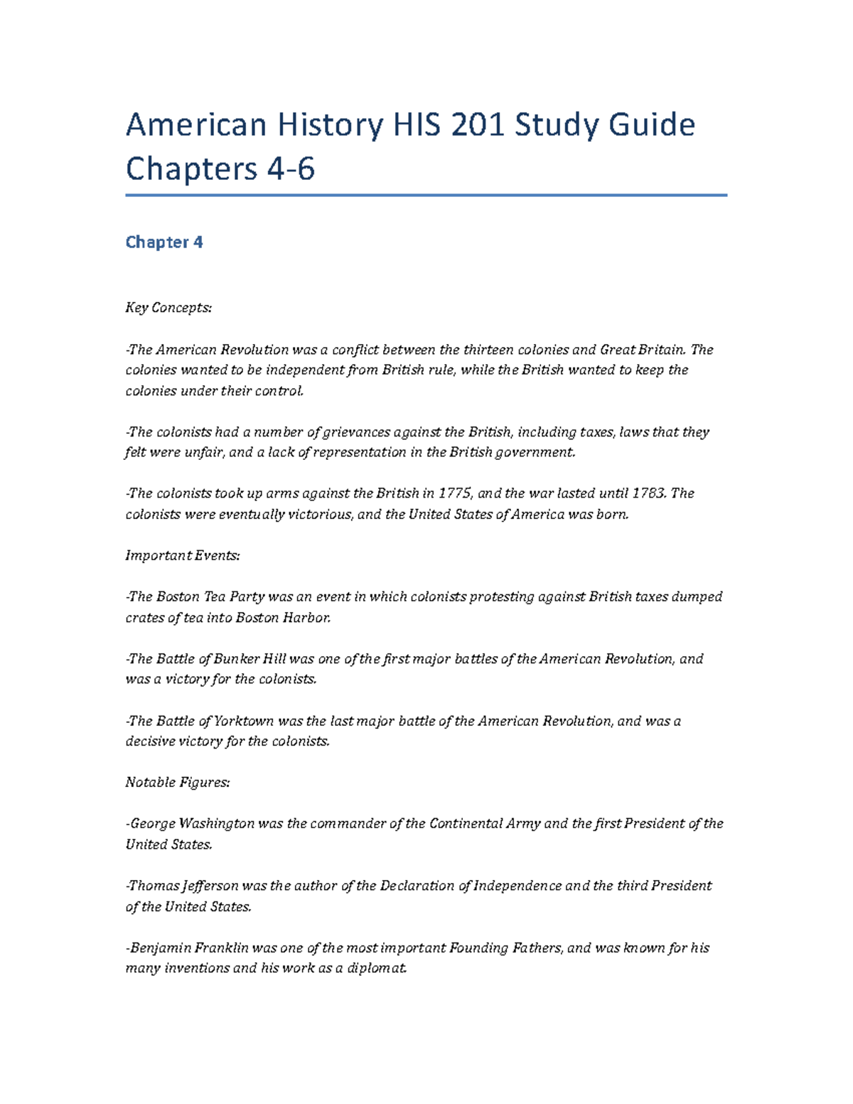 American History HIS 201 Study Guide Chapters 4-6 - American History ...