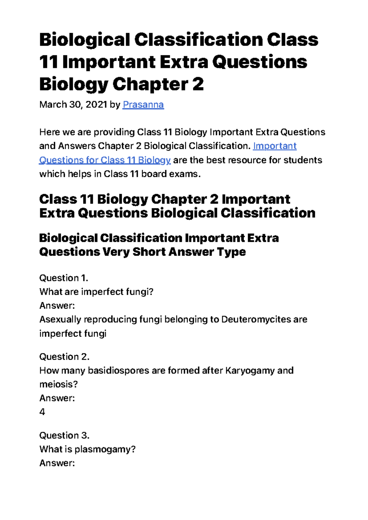 Biological Classification Class 11 Important Extra Questions Biology ...