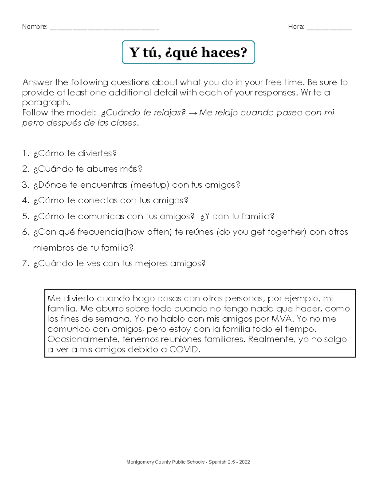 Spanish 2B Y tú, ¿qué haces Nombre