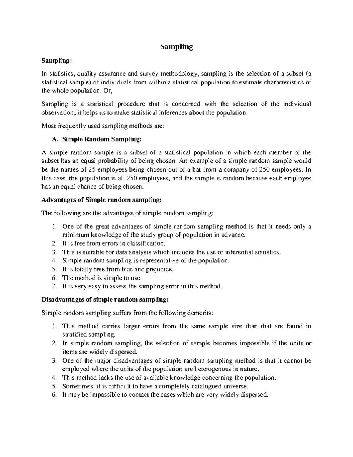 Sampling - notes for bio stats - Sampling Sampling: In statistics ...