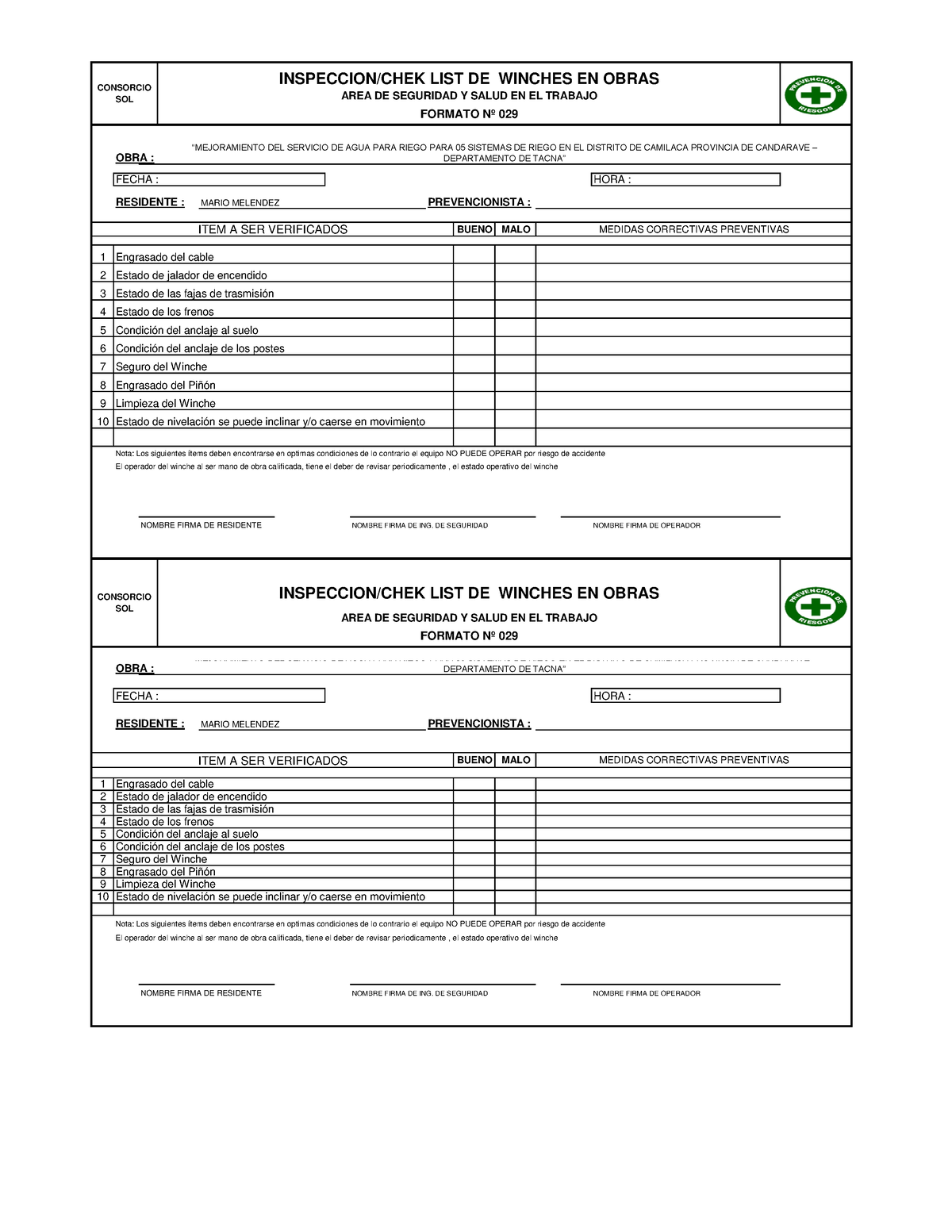 F Nº028 Inspeccion De Winche Inspeccionchek List De Winches En Obras Area De Seguridad Y 1723