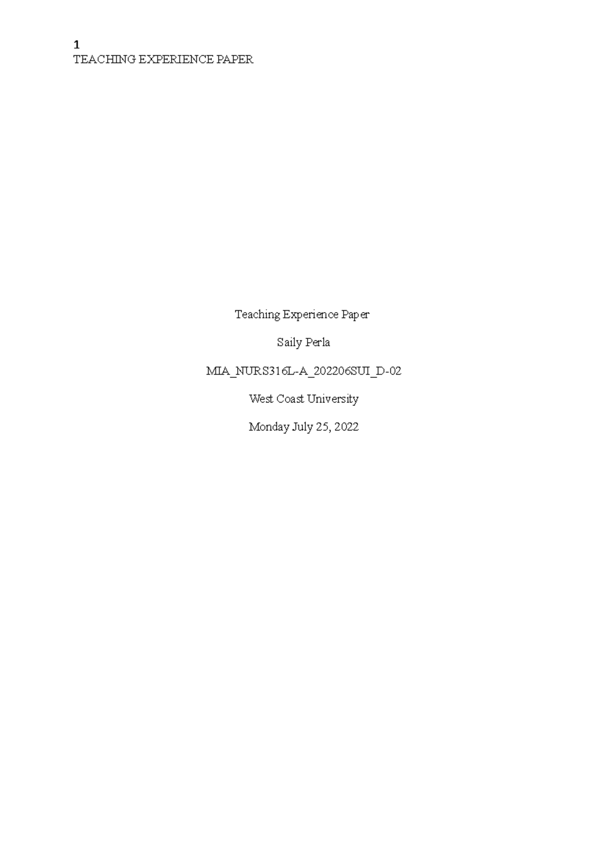Teaching Experinece Paper - TEACHING EXPERIENCE PAPER Teaching ...