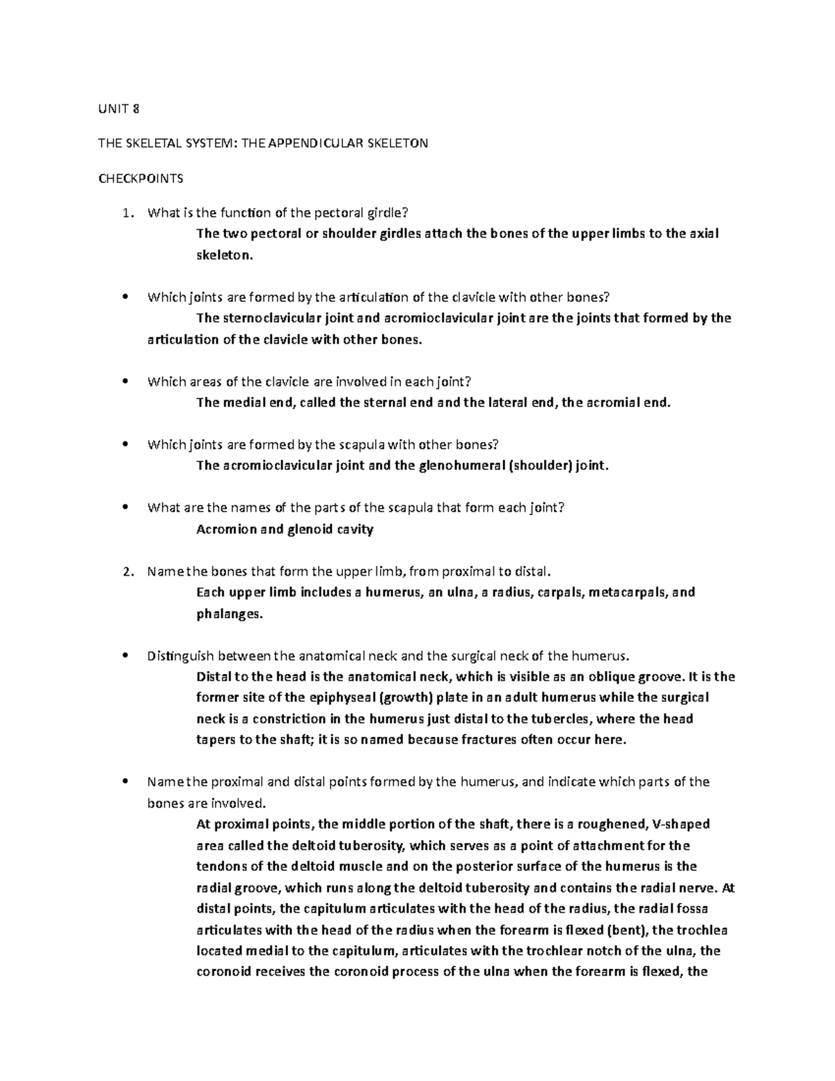 UNIT 8 Skeletal System Appendicular Skeleton Checklist & Answer ...