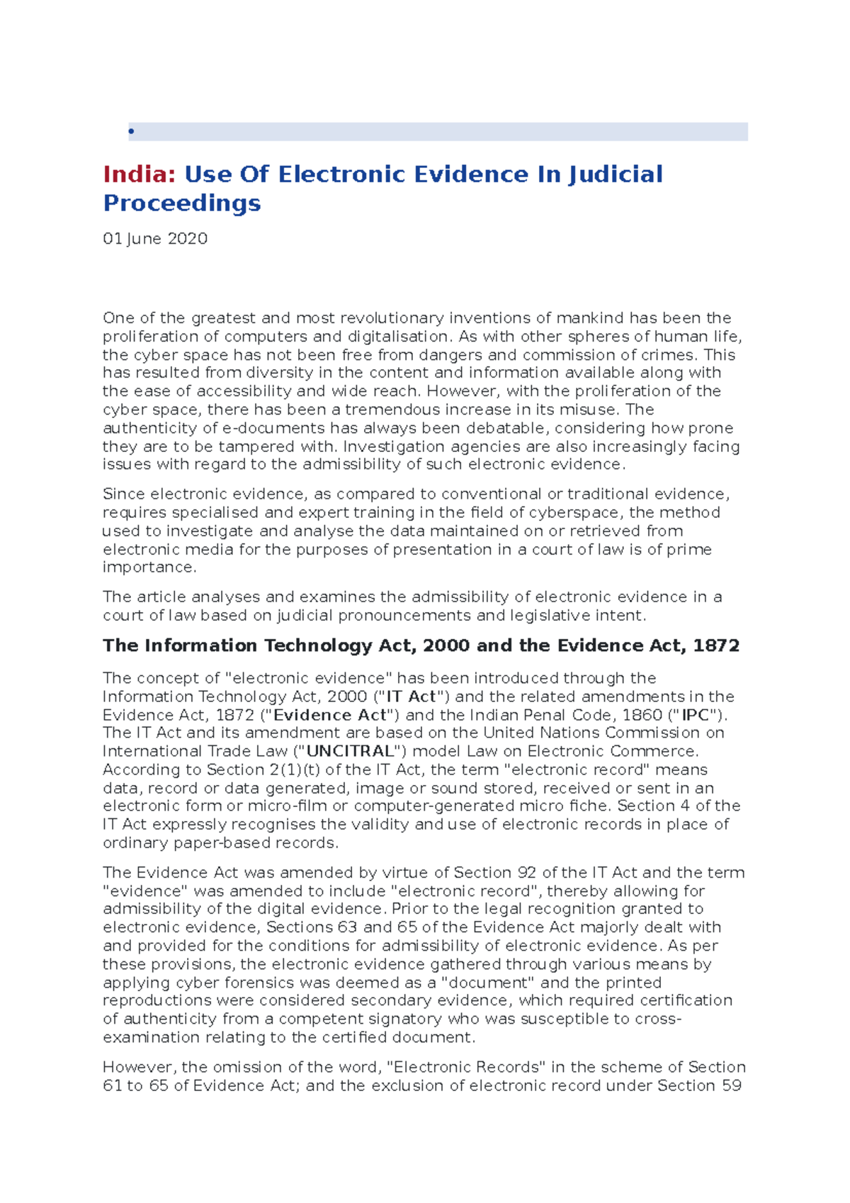 E evidence article - India: Use Of Electronic Evidence In Judicial ...