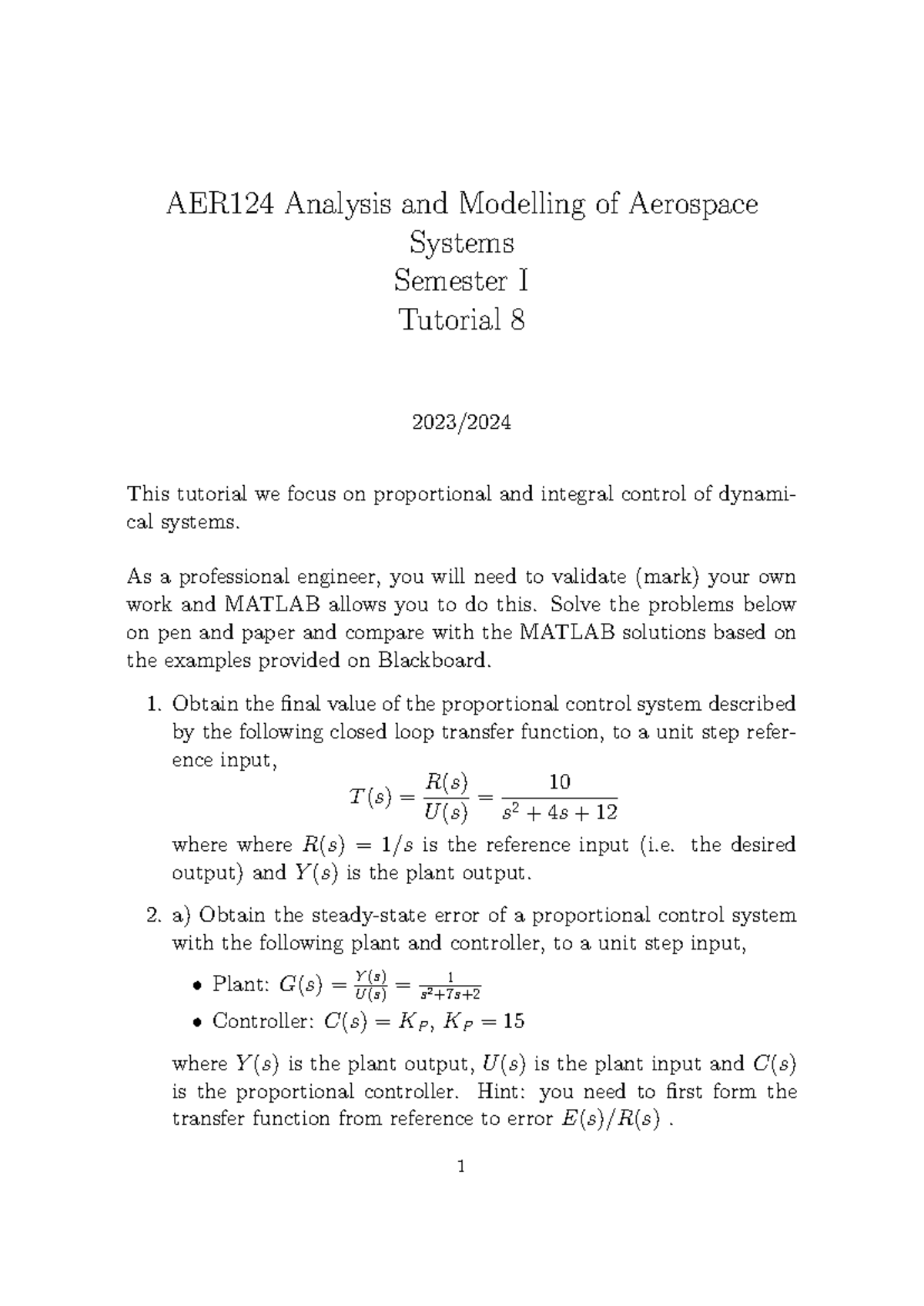 AER124 Tutorial 8 - AER124 Analysis and Modelling of Aerospace Systems ...