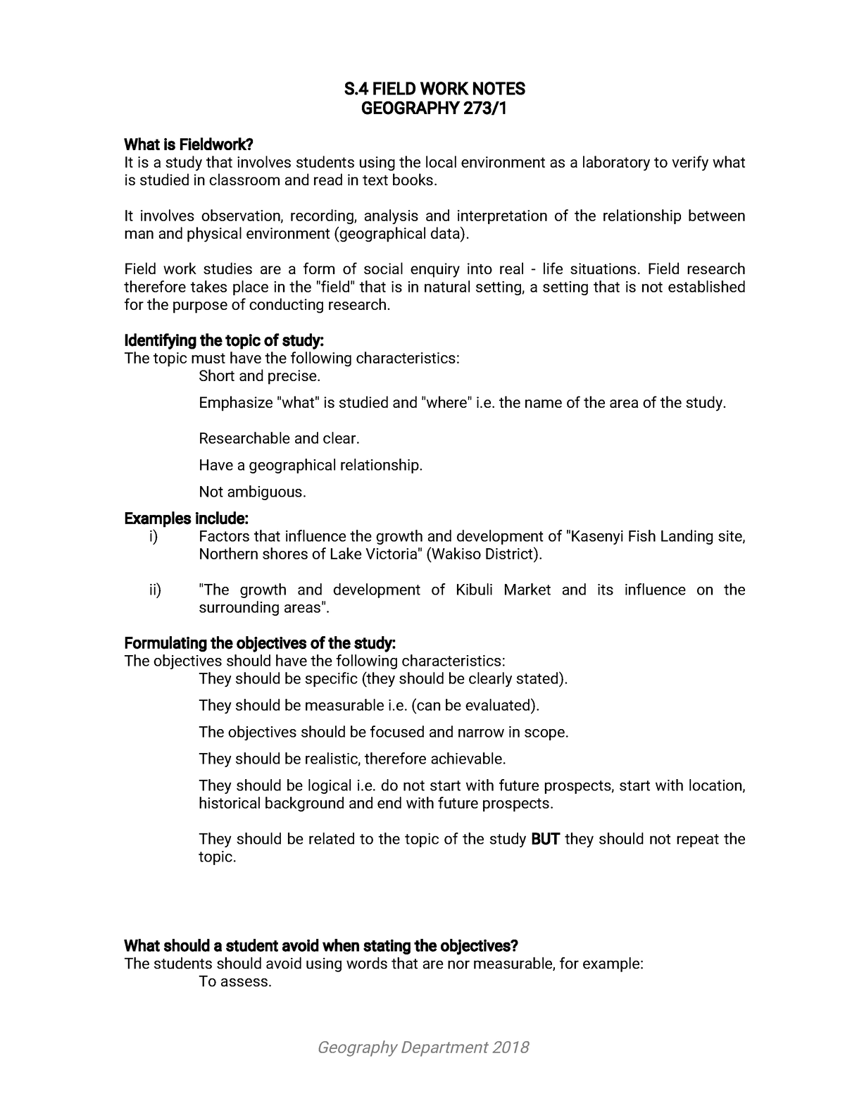 Field WORK Notes C12 S 4 FIELD WORK NOTES GEOGRAPHY 273 1 What 