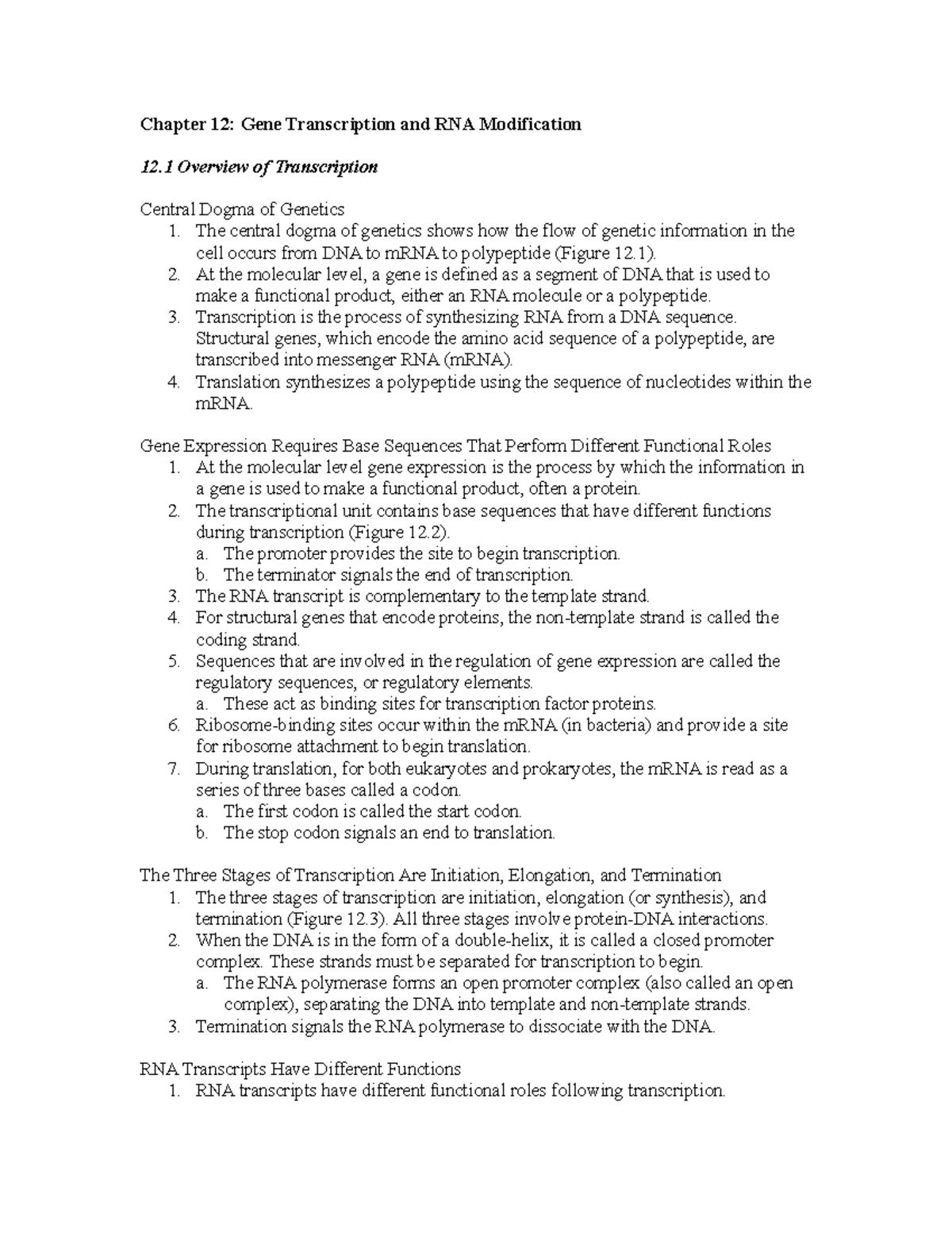 Unit 3 study guide genetics - Chapter 12: Gene Transcription and RNA ...