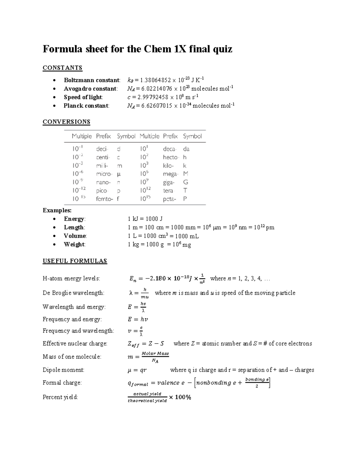 Formula sheet for the Chem 1X final quiz - Formula sheet for the Chem ...